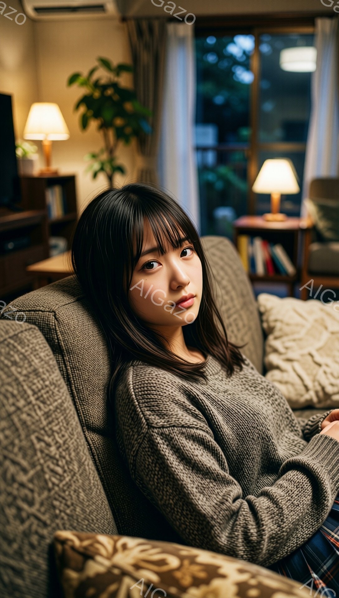 若い女性が、花柄の肘掛け椅子に座ってこちらを見ている。彼女はセーターを着ており、前髪が目の上にかかり、少し微笑んでいる表情をしている。背景には、木製の家具や観葉植物が見え、部屋全体が暖かく、リラックスした雰囲気を醸し出している。