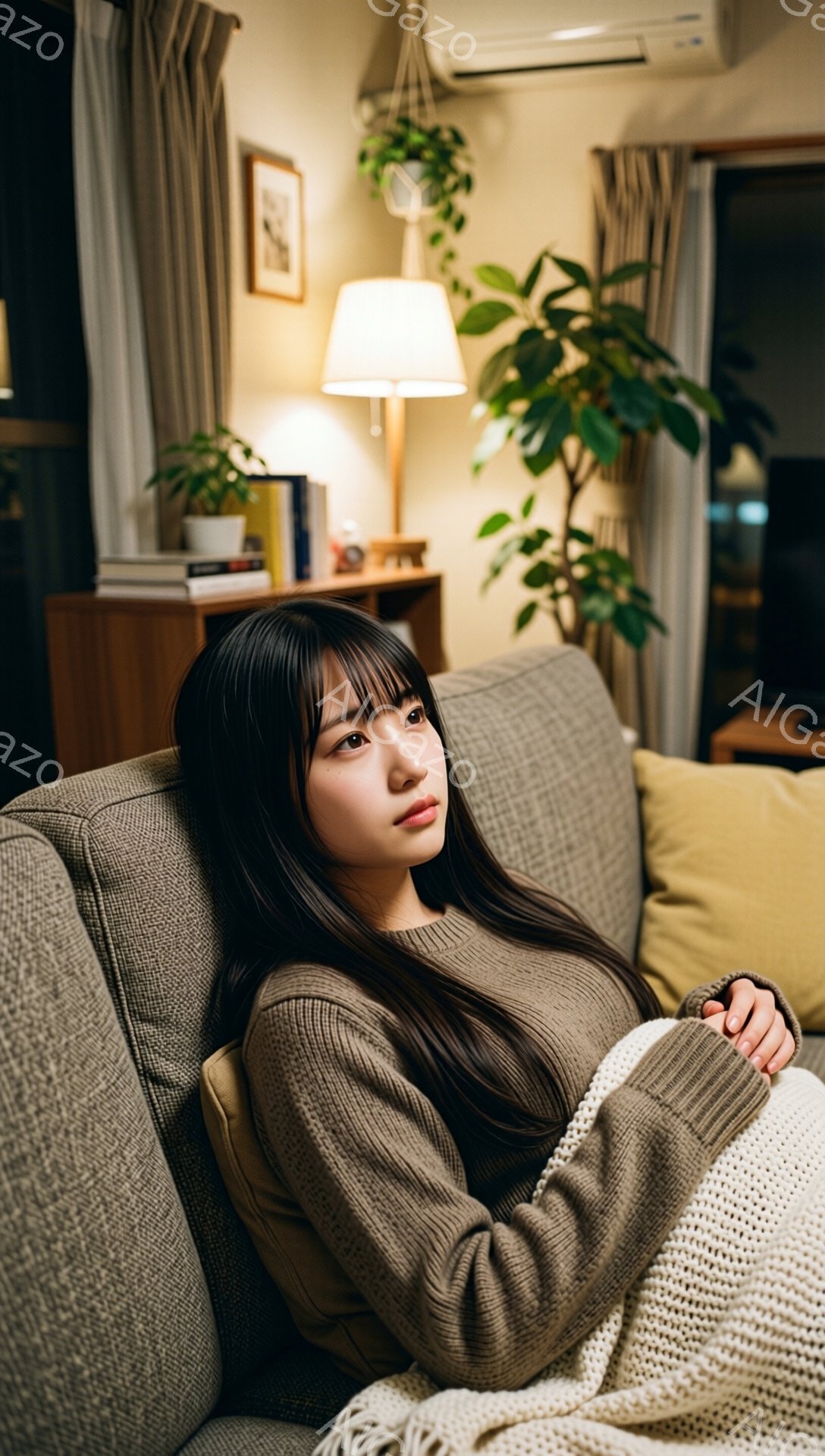 長い黒髪で前髪を作った若い女性が、ベージュ色のセーターとオフホワイトのニットブランケットを身に着けて、ソファに肘をついて座っている。彼女は少し憂いを帯びた表情で、遠くを見つめているように見える。背景には木製のキャビネットや観葉植物が見え、暖かい光が室内を照らし、穏やかでリラックスした雰囲気が漂っている。