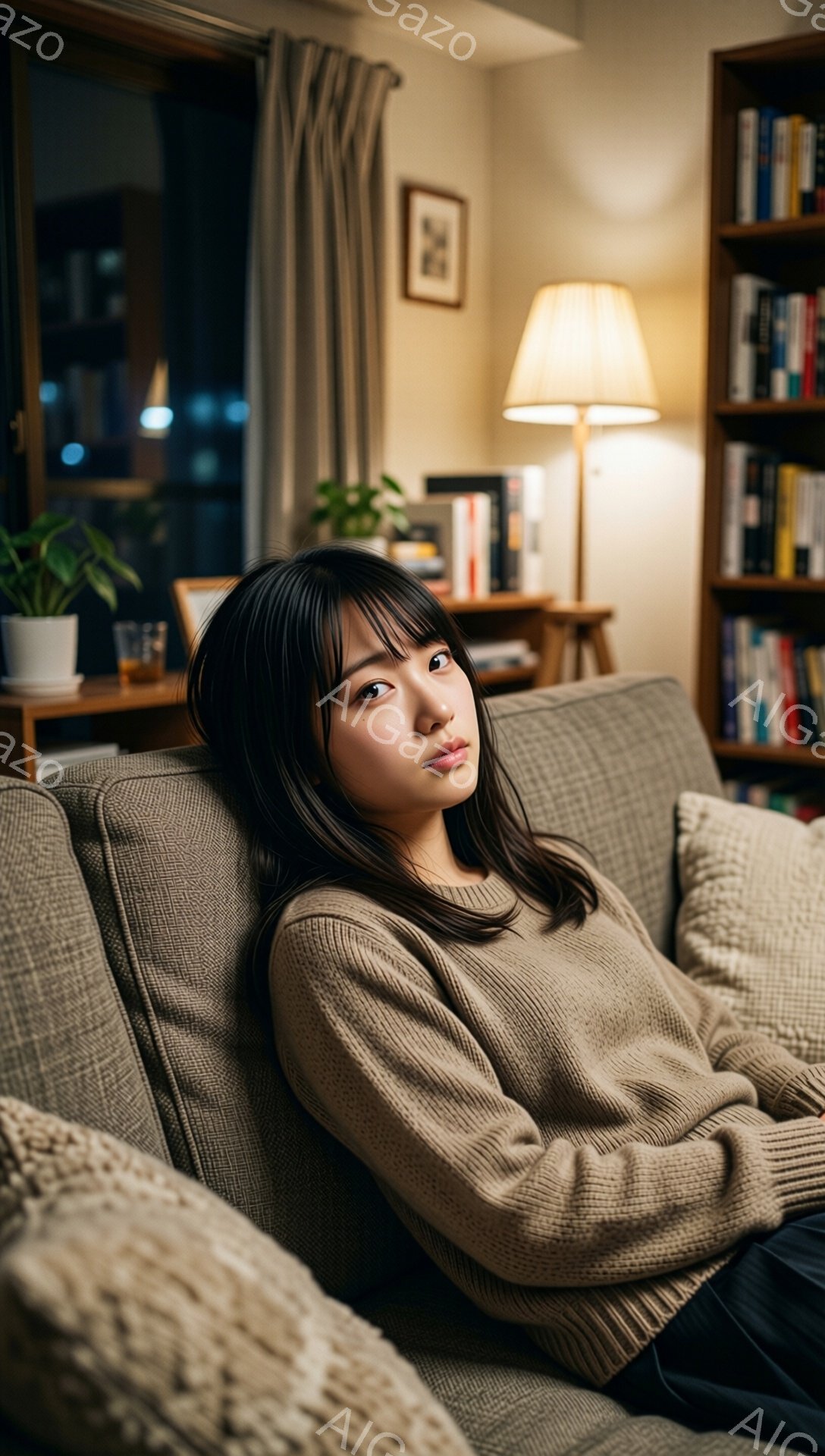 明るい茶色のセーターを着た若い女性が、グレーのソファに横たわっています。彼女は前髪を長く伸ばした黒髪で、少し憂いを帯びた表情をしています。背景には本棚とランプがあり、居心地の良いリビングルームの様子がうかがえます。