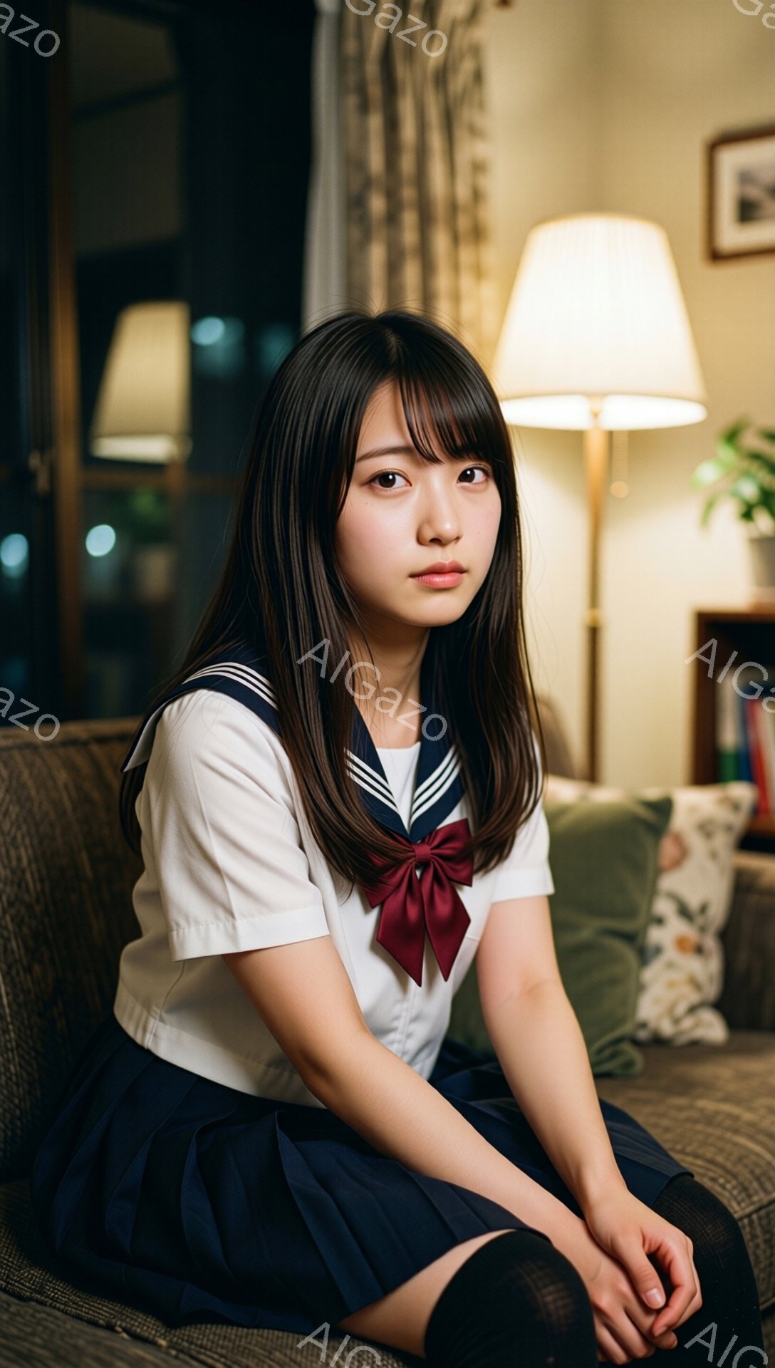 画像には、紺色のセーラー服を着た若い女性がソファに座っています。彼女は黒髪で、前髪は眉毛にかかる程度にカットされています。表情は穏やかで、どこか物憂げな様子です。