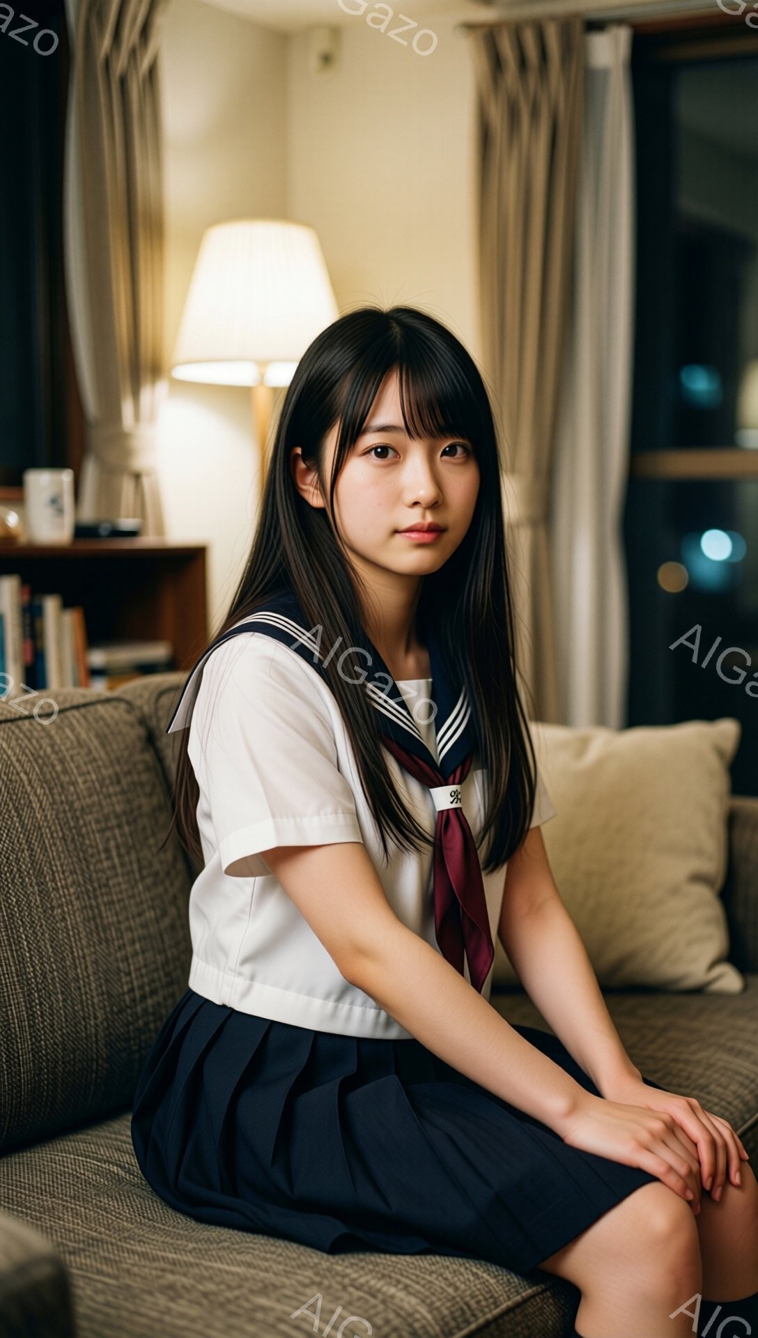画像は、制服を着た若い女性がソファに座っている様子を捉えています。彼女はダークブラウンのロングヘアで、前髪は少し短くカットされています。表情は穏やかで、わずかに微笑んでいます。