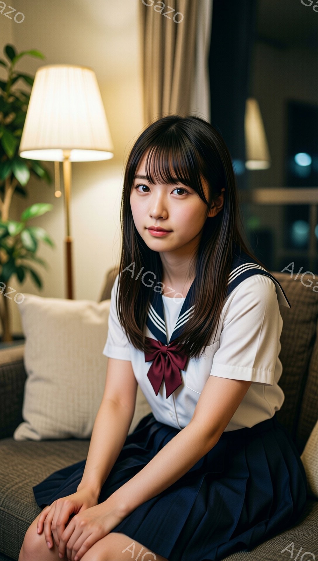 明るい色のソファに座る若い女性は、白いブラウスと紺色のプリーツスカートの制服を着ています。彼女は長い茶色の髪を肩まで垂らし、少し微笑んだ表情でカメラを見ています。背景には電灯と植物が見え、室内が温かく穏やかな雰囲気を作り出しています。