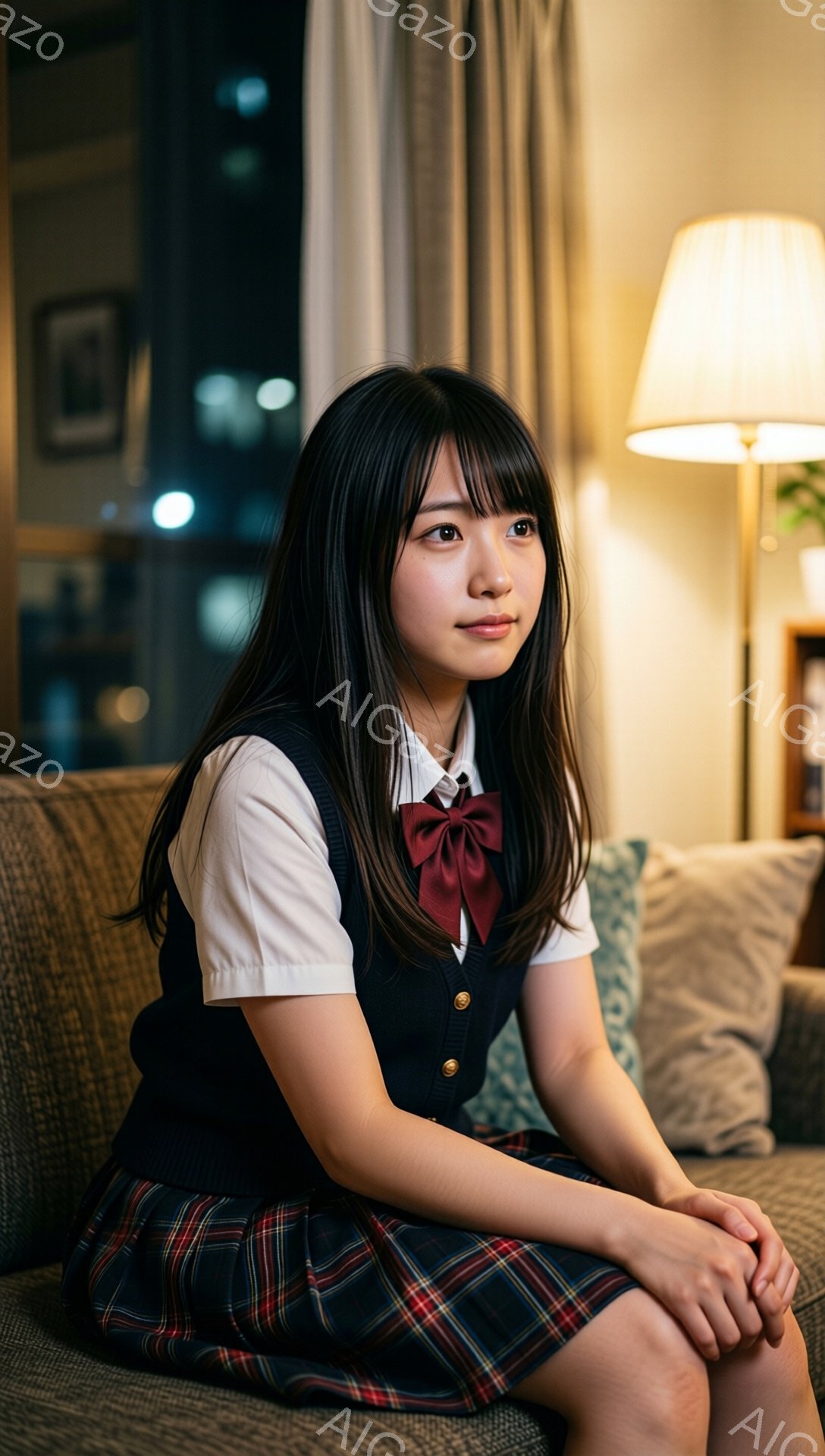 画像は、制服を着た若い女性がソファに座っている様子を捉えています。彼女は白いシャツに紺色のベスト、チェック柄のスカートを着用し、赤いリボンを結んでいます。彼女は少し微笑んでおり、どこかを見つめるような、物思いにふけるような表情をしています。