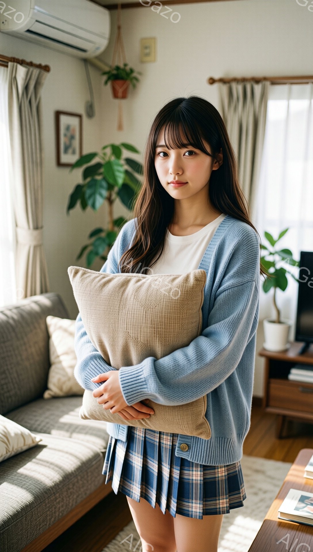 明るいリビングで、若い女性がベージュ色のクッションを抱えています。彼女は白いTシャツに、水色のカーディガンとチェックのプリーツスカートを身に着けており、前髪を下ろしたロングヘアです。背景にはソファや観葉植物が見え、穏やかでリラックスした家庭的な雰囲気が漂っています。