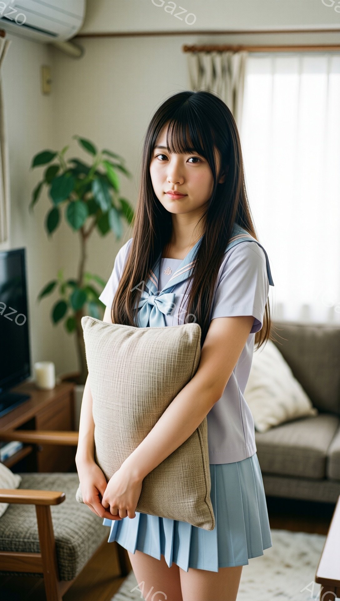 明るいリビングルームに、セーラー服を着た若い女性が立っている。彼女は長い黒髪で、少し微笑んでいる。ベージュ色のクッションを両手で抱え、リラックスした姿勢でカメラを見つめている。