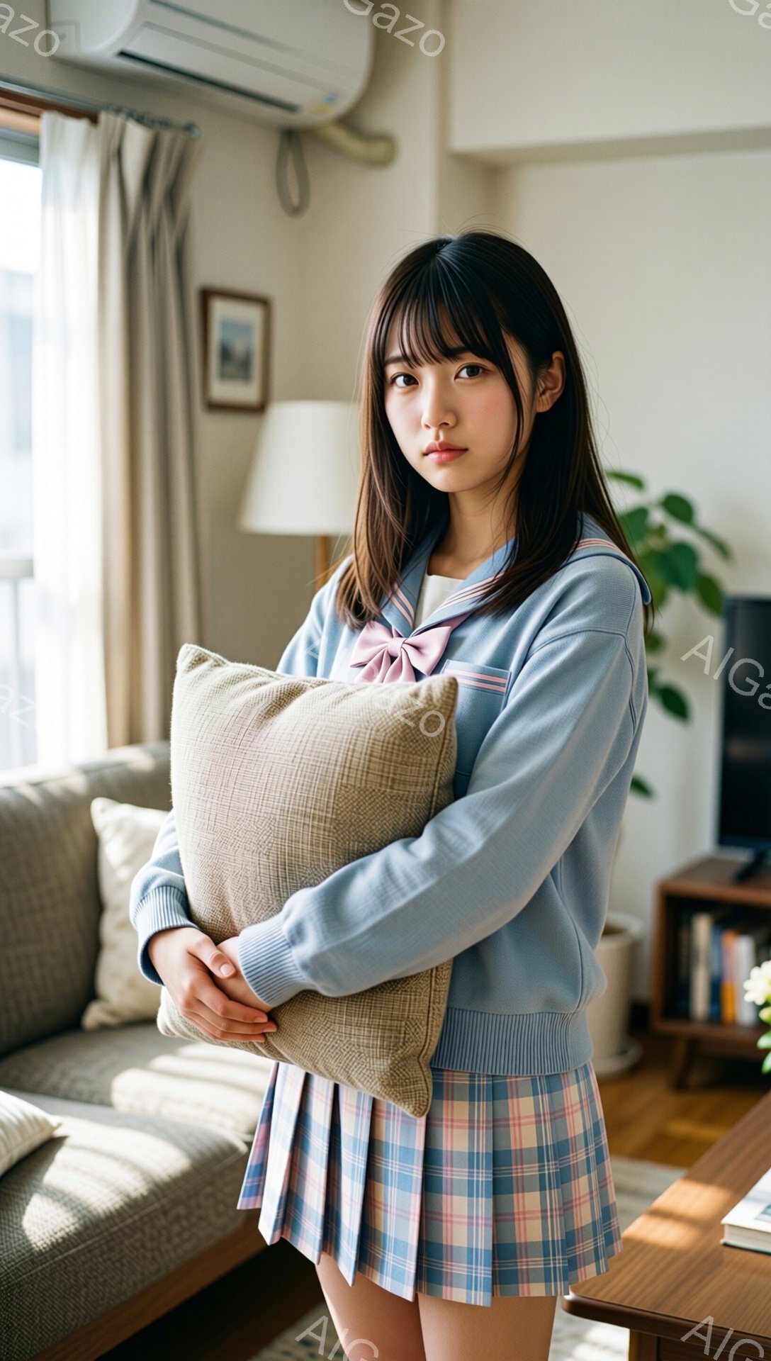 明るいリビングルームで、少女がクッションを抱えています。彼女は水色のセーラー服とチェック柄のスカートを着ており、髪は肩までの長さで前髪が目にかかっています。表情は少し大人びており、落ち着いた雰囲気です。