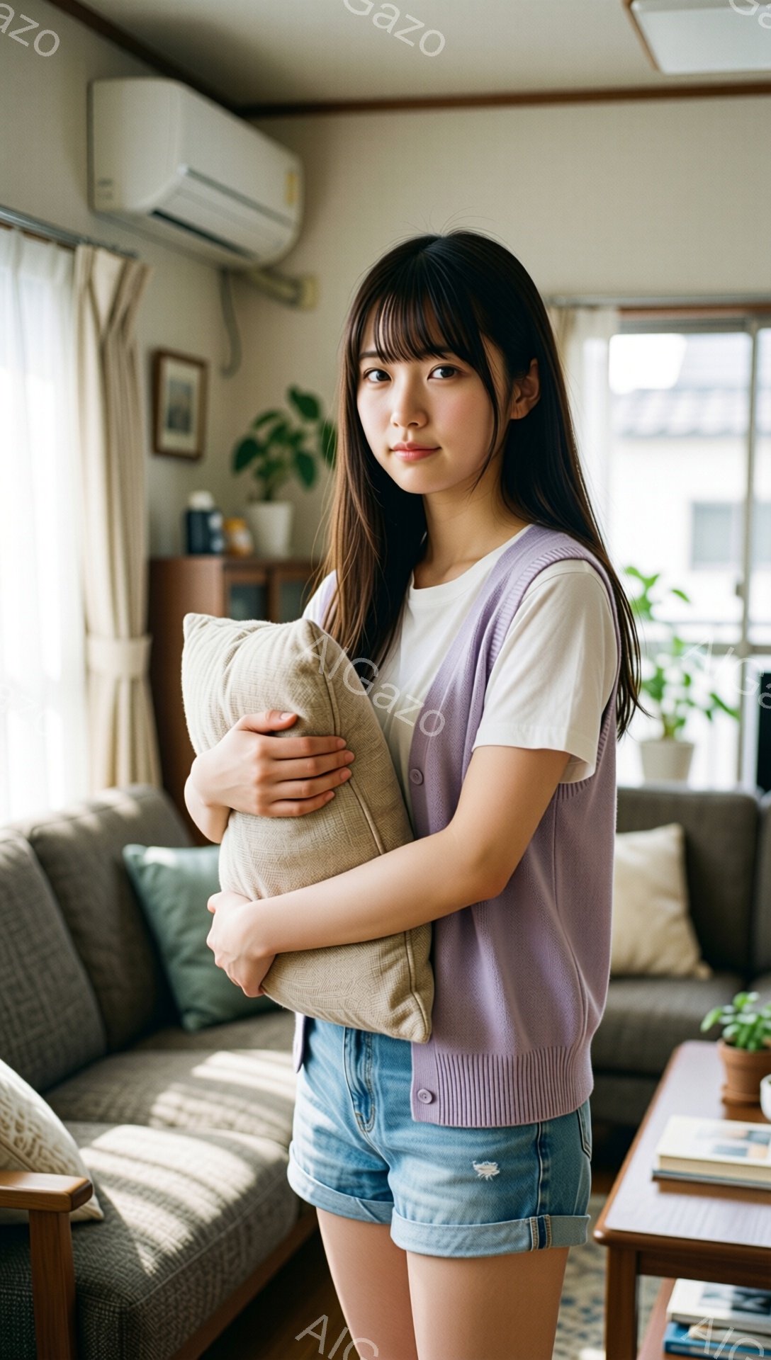 若い女性が、オフホワイト色のクッションを抱きしめて立っています。彼女は白いTシャツに、薄紫色のカーディガン、そして破れたデニムのショートパンツを着用しており、長い黒髪は肩にかかっています。背景には、ソ - AI生成フリー素材