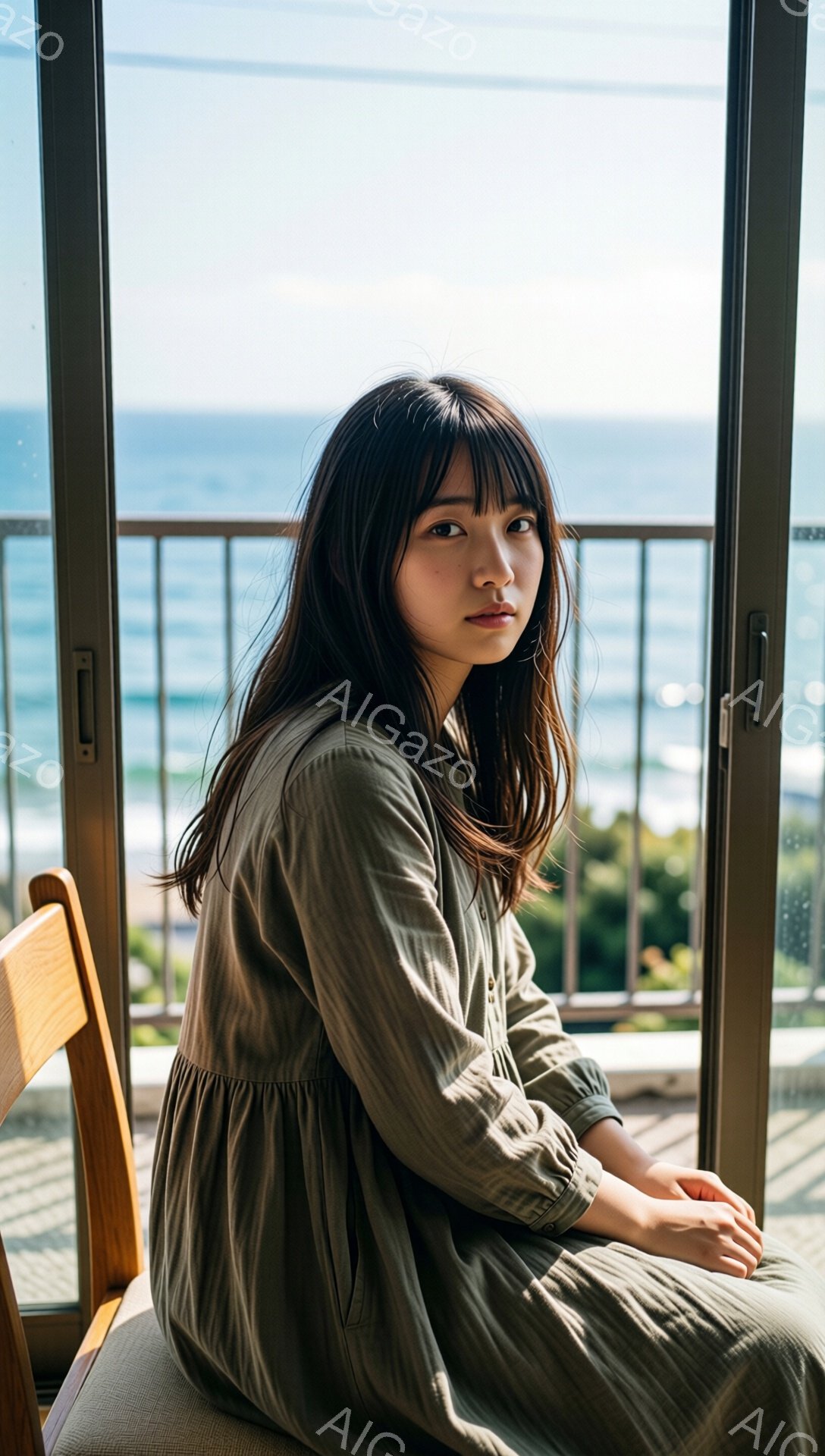 長い黒髪で前髪を流した若い女性が、緑がかったモスグリーンのゆったりとしたワンピースを着ています。彼女は椅子に座ってリラックスした様子で、わずかに微笑んでいるような、穏やかな表情をしています。背景には、 - AI生成フリー素材