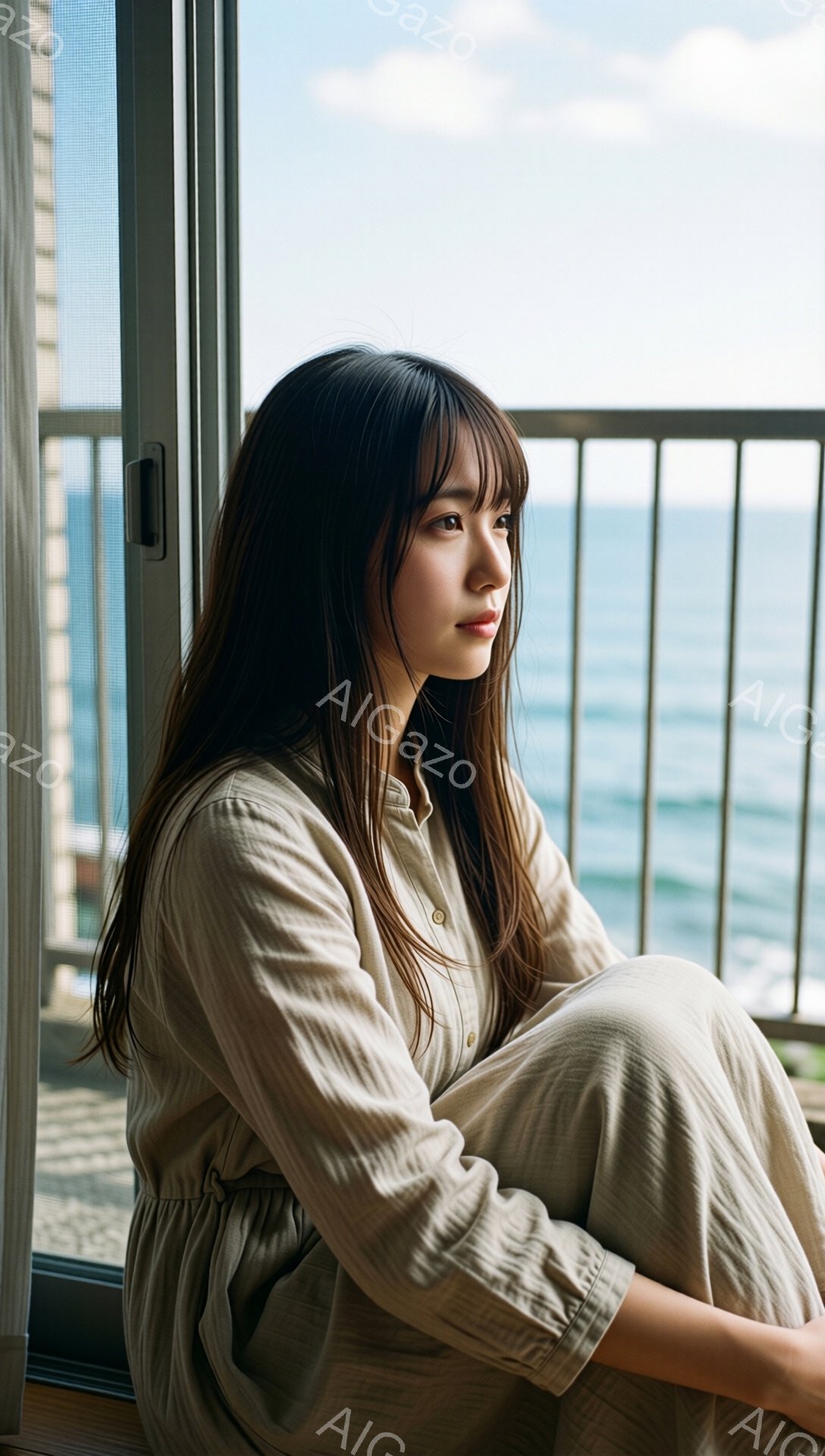 長い黒髪を無造作に垂らした女性が、ベージュ色のゆったりとしたワンピースを着て、窓辺に座っています。彼女は少し物憂げな表情で遠くを見つめており、膝を抱えてリラックスした姿勢を見せています。背景には青い海 - AI生成フリー素材