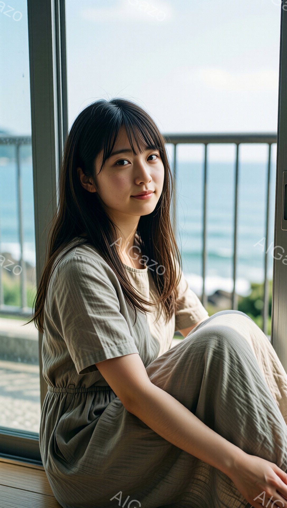 長い黒髪を無造作に垂らした若い女性が、ベージュ色のゆったりとしたワンピースを着て床に座っている。彼女は窓枠に寄りかかり、穏やかな微笑みを浮かべている。背景には、青い海と空、そして白い柵が見え、全体的に - AI生成フリー素材