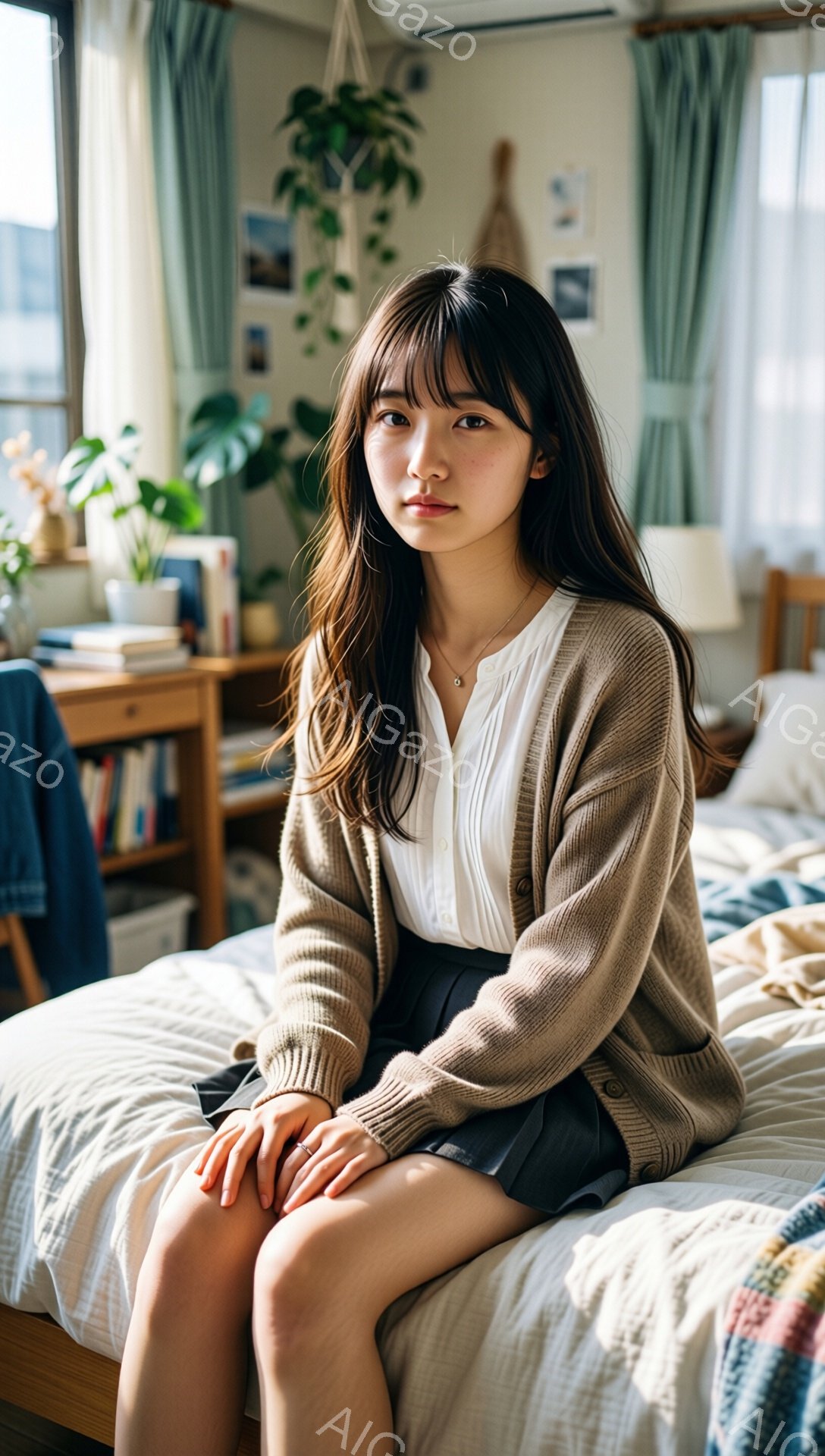 長い茶色の髪を持つ若い女性がベッドに座っています。オフホワイトのブラウスにベージュのカーディガン、黒のスカートを身につけ、控えめなネックレスをしています。背景には緑のカーテン、本棚、植物があり、明るい - AI生成フリー素材