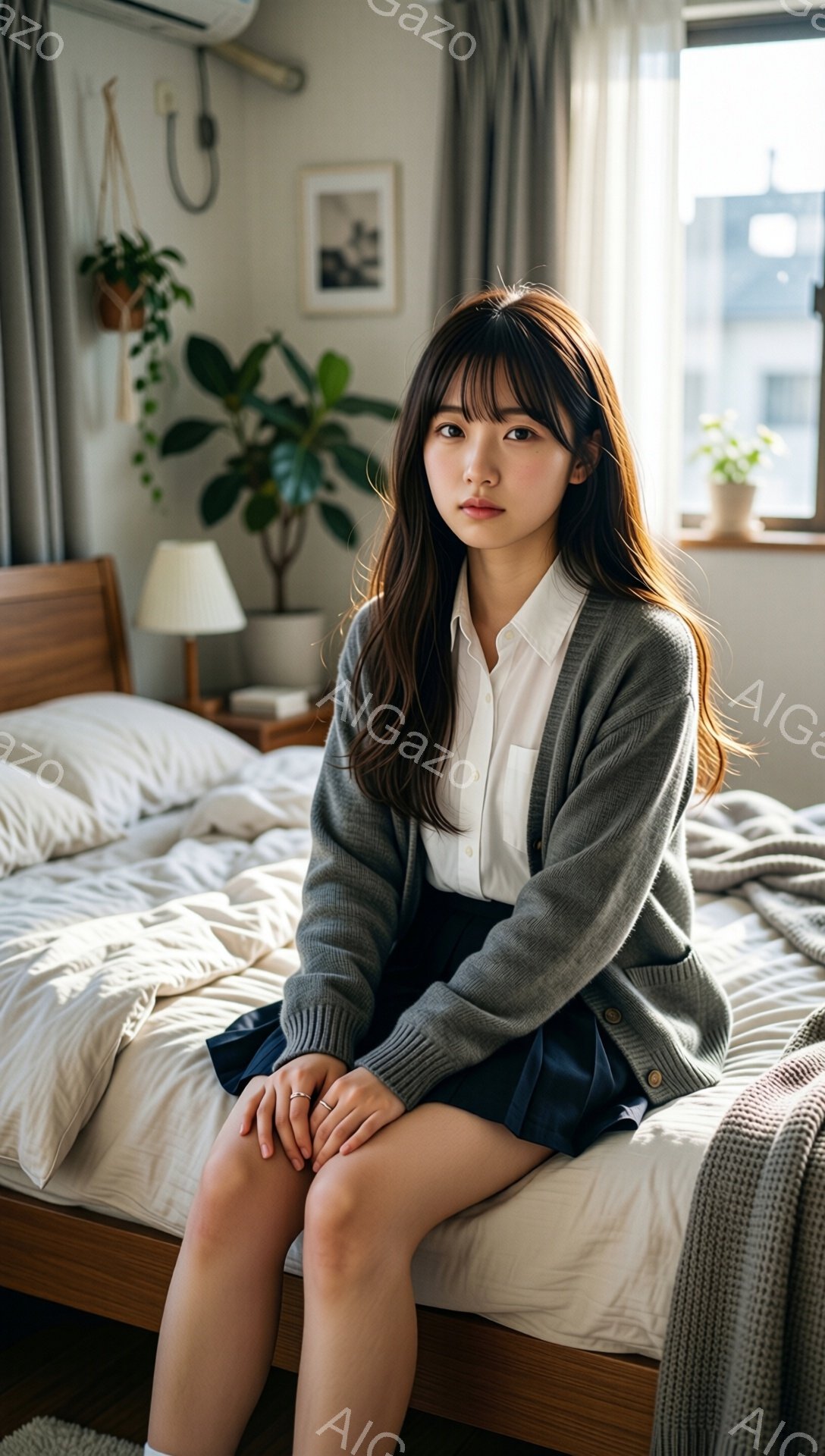 若い女性がベッドに座っており、白いシャツにグレーのカーディガン、黒いミニスカートを着用しています。彼女は長い茶色の髪を持ち、前髪は目にかかっており、穏やかでわずかに憂いのある表情をしています。背景には、植物、ランプ、絵画のある居心地の良い寝室が見え、全体的に柔らかく自然光が差し込む静かな雰囲気です。