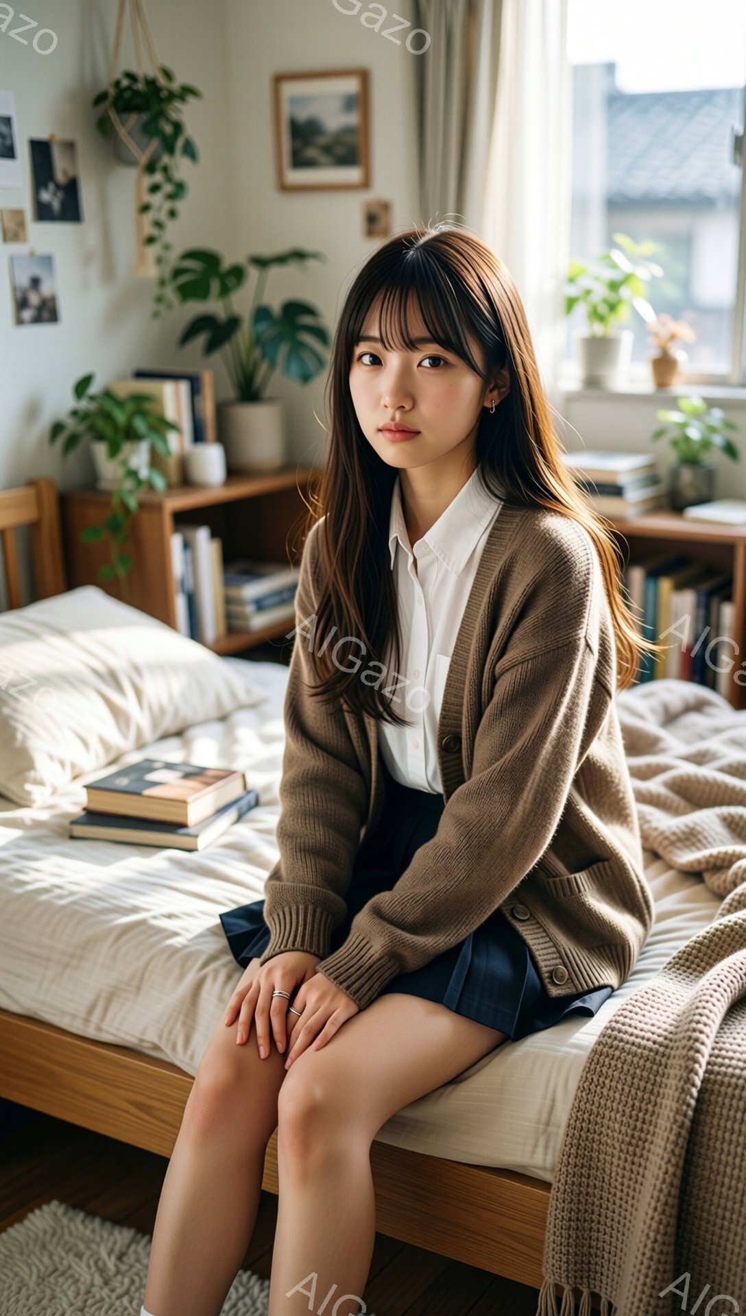 明るい室内で、茶色のカーディガンに白いシャツ、紺色のスカートを着用した若い女性がベッドに座っています。彼女は膝を揃え、少し微笑みを浮かべた表情で、穏やかな雰囲気です。背景には観葉植物や本棚が配置され、窓から差し込む光が暖かく、リラックスした空間を演出しています。