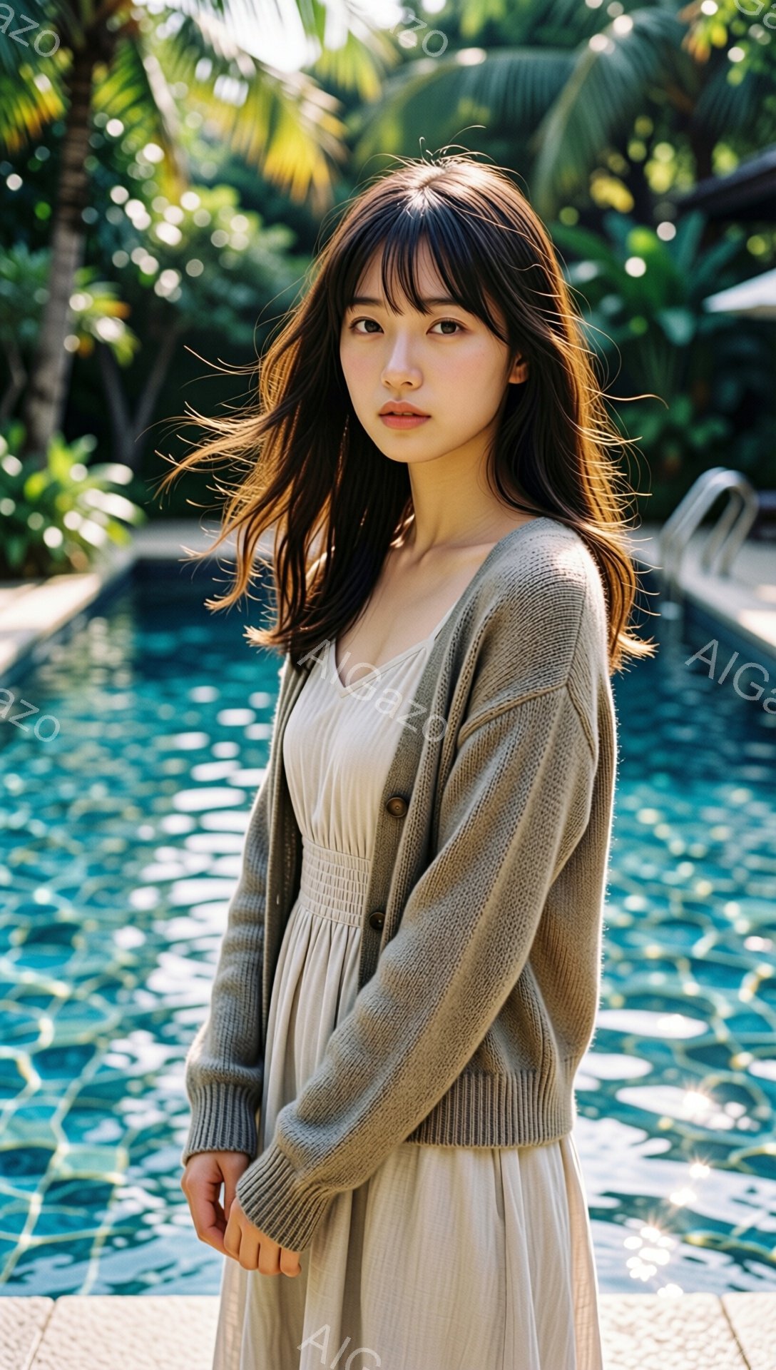 長いダークブラウンの髪をした若い女性が、ベージュのカーディガンとクリーム色のロングドレスを着ています。彼女はわずかに微笑み、リラックスした表情で、カメラの方をわずかに見下ろしています。背景には青いプールと緑豊かな熱帯植物が見え、暖かい日差しが降り注ぎ、穏やかでリゾートのような雰囲気を醸し出しています。