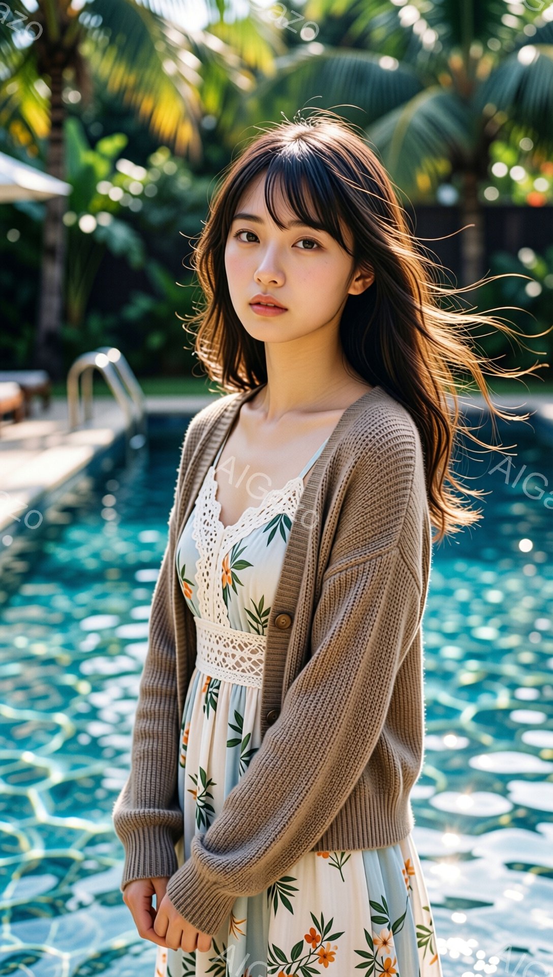 長い茶色の髪を耳にかける女性が、明るい緑色の花柄のワンピースの上にベージュ色のカーディガンを着ています。彼女はわずかに微笑んでおり、穏やかで優しい表情をしています。背景にはきらめくプールの水面と緑豊か - AI生成フリー素材