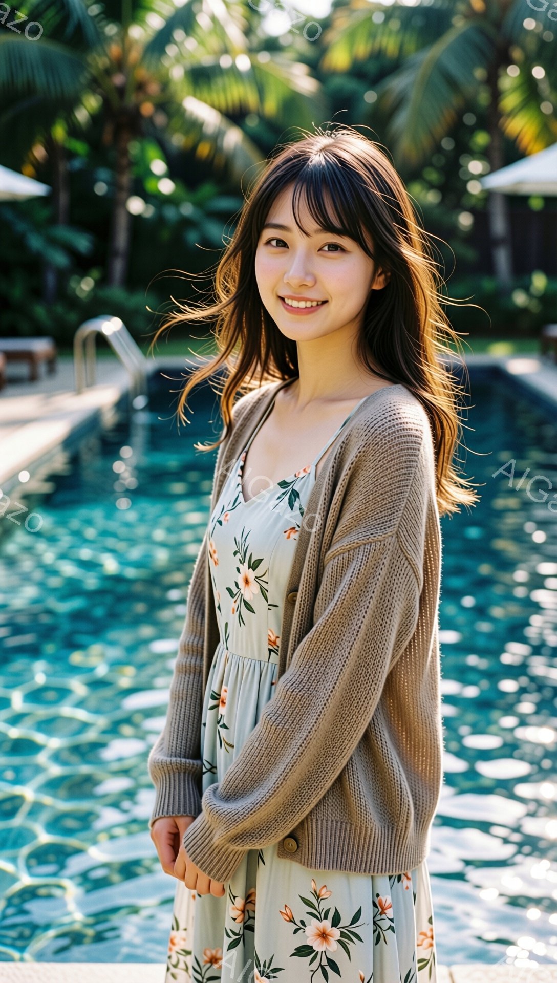長い茶色の髪をセンターパートにした若い女性が、花柄のミディ丈ワンピースにベージュのカーディガンを羽織って立っています。彼女は微笑んでおり、リラックスした雰囲気です。背景にはターコイズブルーのプールと緑豊かな植物が見え、晴れた日のリゾート地のような穏やかな雰囲気を醸し出しています。