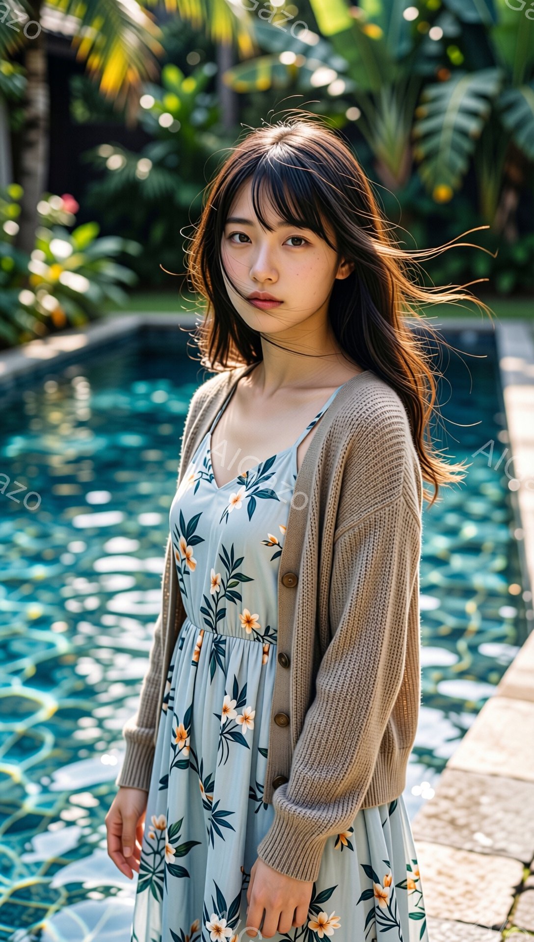 長いダークブラウンの髪をした若い女性が写っています。花柄の淡い緑色のワンピースにベージュ色のカーディガンを羽織り、わずかに微笑んでいます。背景には青い水面と緑豊かな植物があり、屋外で晴れた日の穏やかな - AI生成フリー素材