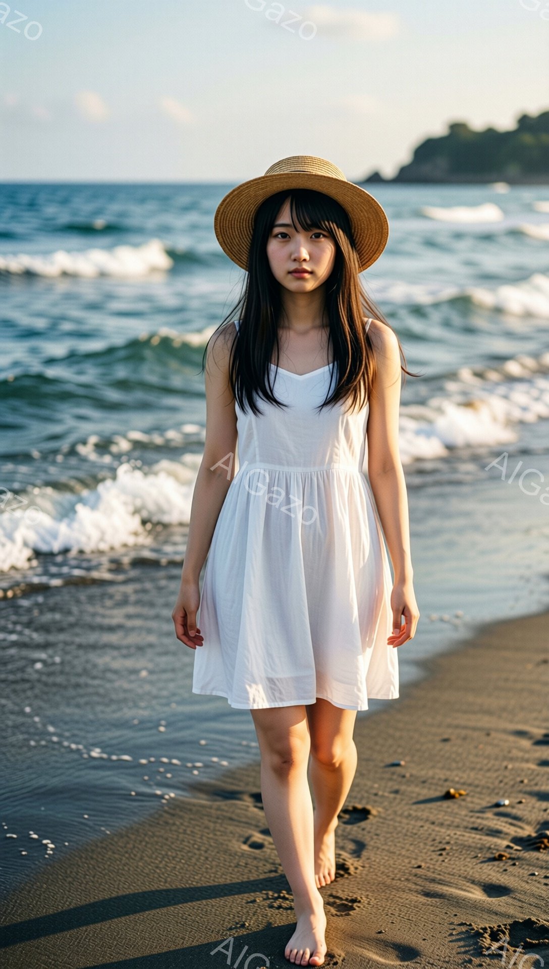 黒髪で、前髪を少しだけ流した女性が、麦わら帽子をかぶり、白いシンプルなワンピースを着ています。彼女は砂浜を裸足で歩いており、やや真剣な表情で正面を見ています。背景には青い海と波が広がり、穏やかで自然な雰囲気が漂っています。