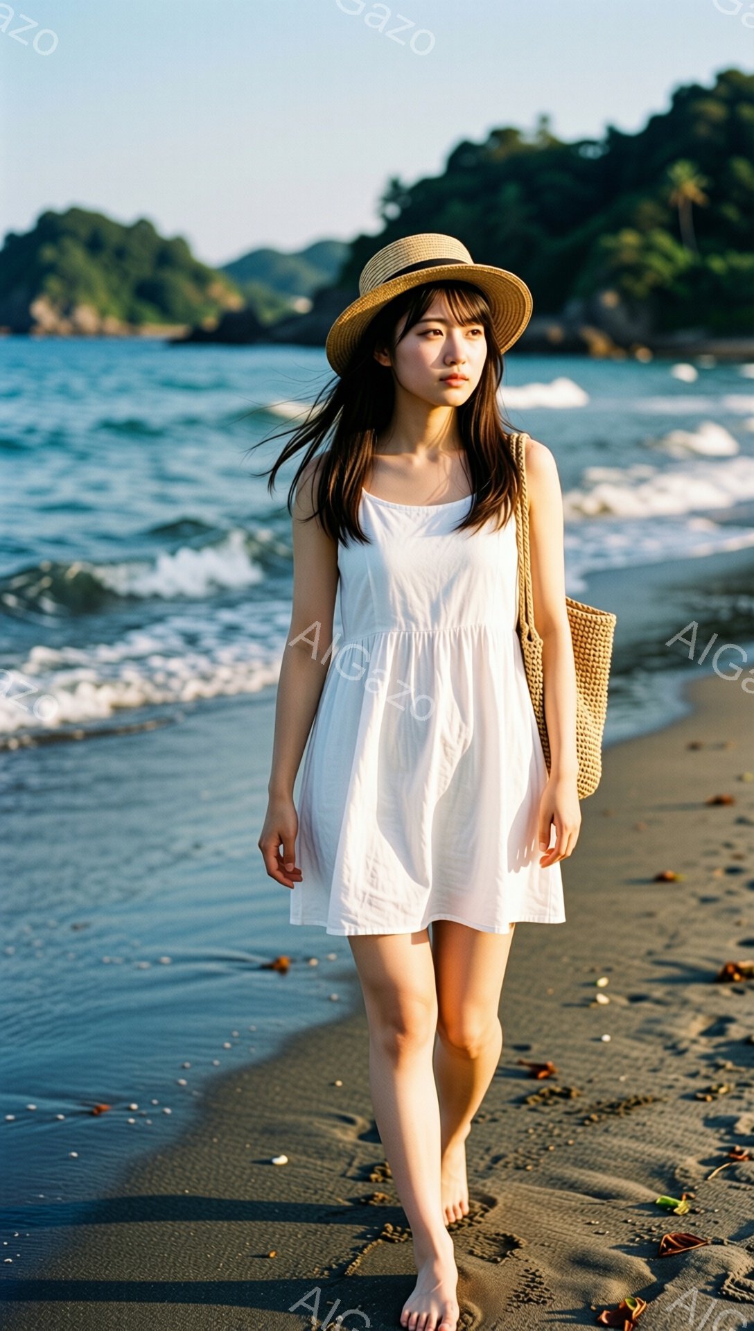 白いワンピースを着た女性が、ビーチを裸足で歩いている。麦わら帽子を被り、肩には籐の籠を掛けている。背景には青い海と緑豊かな丘が見え、晴れた日の穏やかな雰囲気が漂っている。 - AI生成フリー素材