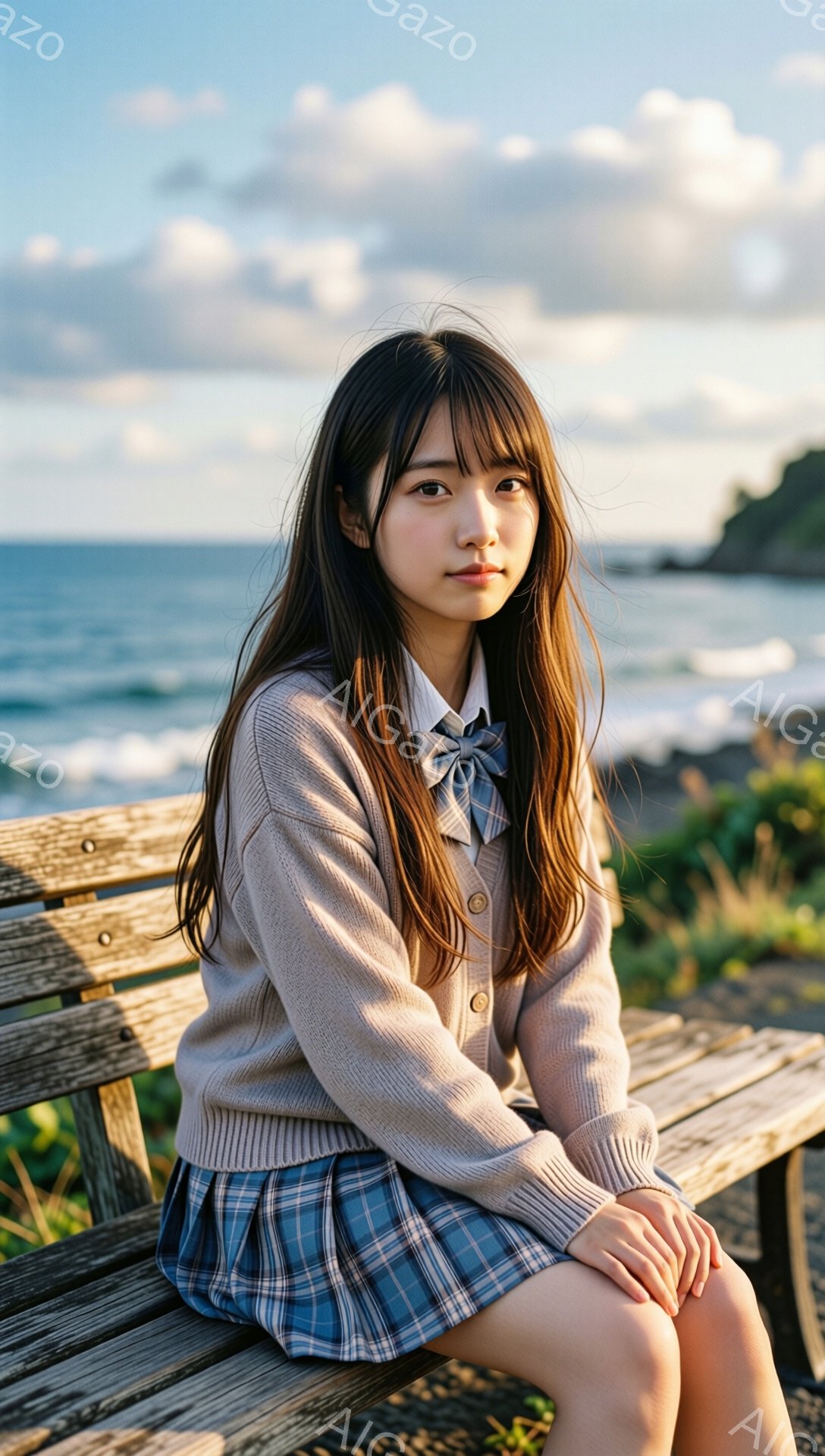 長い茶色の髪を耳にかける少女が、海を背景に木製のベンチに座っています。ベージュのカーディガンとチェック柄のスカート、そしてリボン付きのシャツを着ており、少し憂いを帯びた表情でこちらを見ています。穏やかな波が打ち寄せ、空には雲が広がっており、全体的に静かで穏やかな雰囲気が漂っています。