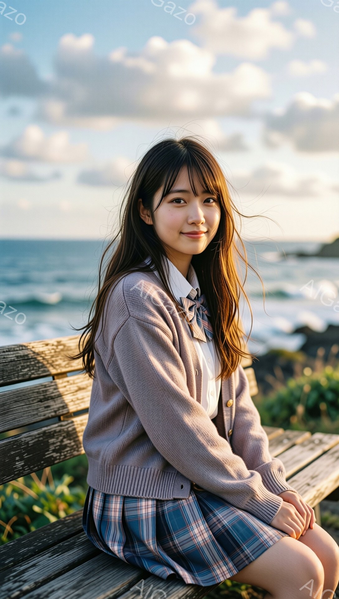 明るい笑顔を浮かべた若い女性が、海を背景に木製のベンチに座っています。彼女はチェック柄のスカートとベージュのカーディガンを着ており、ロングヘアをサイドに流しています。背景には青い海と岩場、そして穏やかな曇り空が広がり、爽やかで穏やかな雰囲気が漂っています。