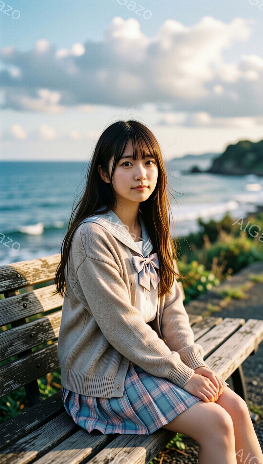 長い黒髪で、前髪は眉毛にかかる程度に整えられた若い女性が、ベージュ色のカーディガンとチェック柄のスカートを着ています。彼女は木製のベンチに座って、少し微笑んでおり、穏やかな表情をしています。背景には、 - AI生成フリー素材