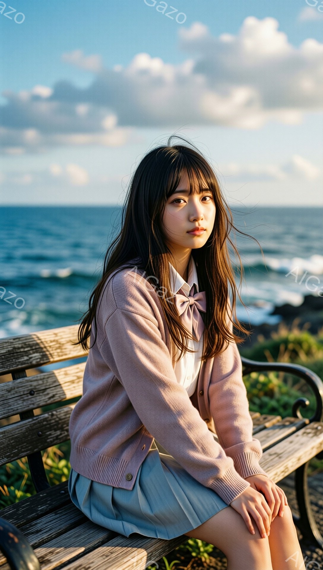 長い黒髪をセンターパートにした若い女性が、海を見下ろす木製のベンチに座っています。淡いピンク色のカーディガンに白いシャツ、そして水色のスカートを身につけており、控えめな微笑みを浮かべています。背景には青い海と岩場が広がり、穏やかで少しノスタルジックな雰囲気です。