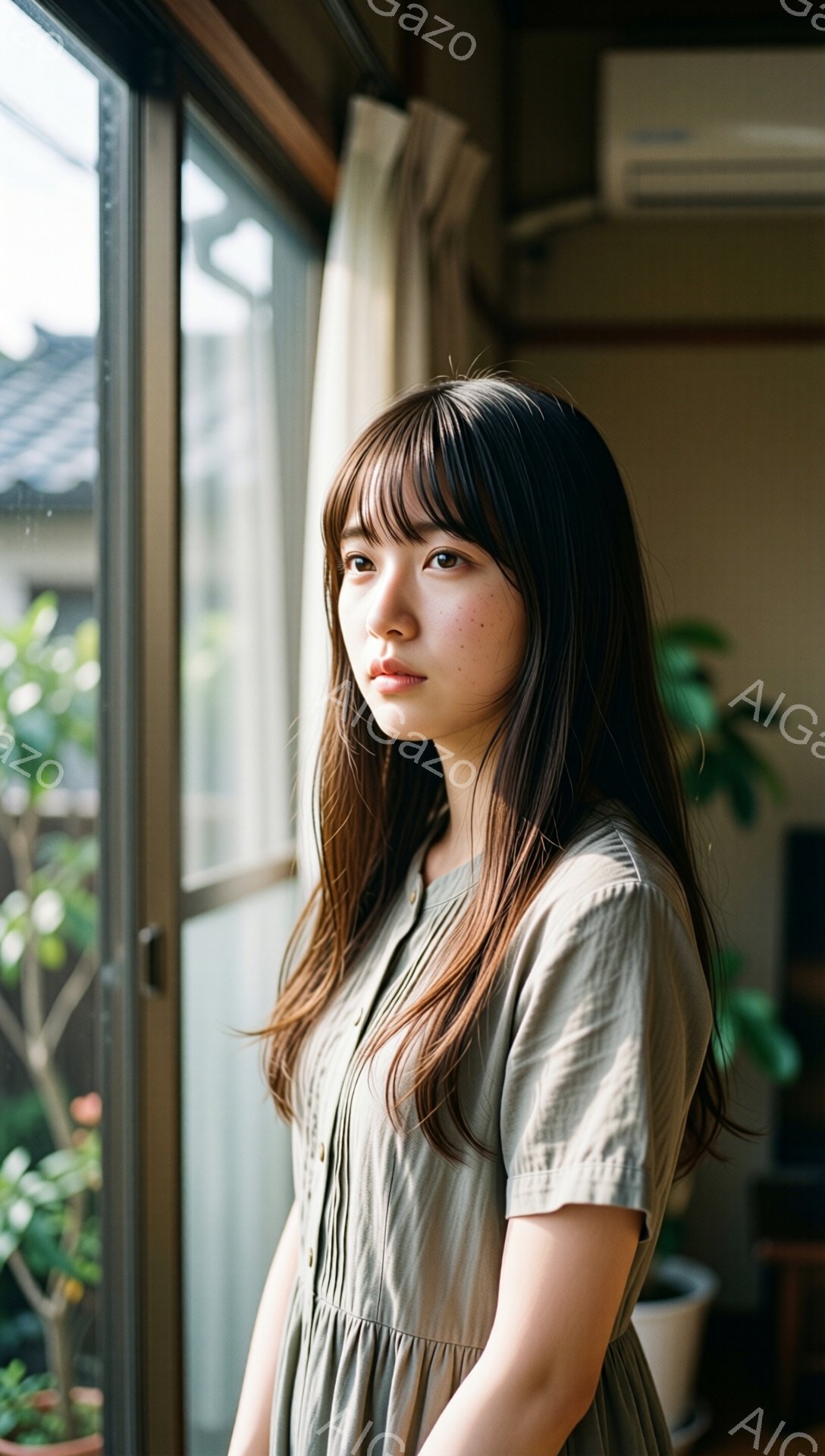 長い黒髪で前髪ぱっつんの女性が、薄緑色のゆったりとしたワンピースを着ています。彼女は窓のそばに立っており、少し物憂げな表情でこちらを見ています。背景には植物が植えられた窓の外の風景と、室内の一部が見え - AI生成フリー素材