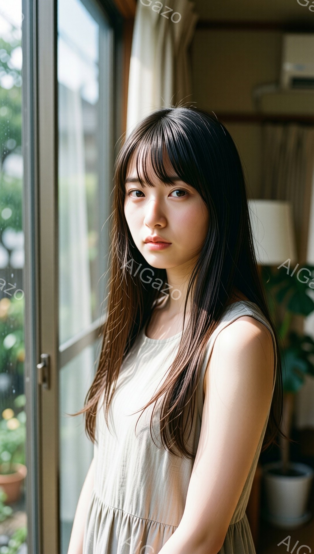 長い黒髪を肩まで伸ばした若い女性が、窓辺に立っている。ベージュ色のゆったりとしたワンピースを着ており、表情は穏やかで少し憂いを帯びている。背景には植物や建物が見え、雨が降っているようにも見える曇り空が - AI生成フリー素材