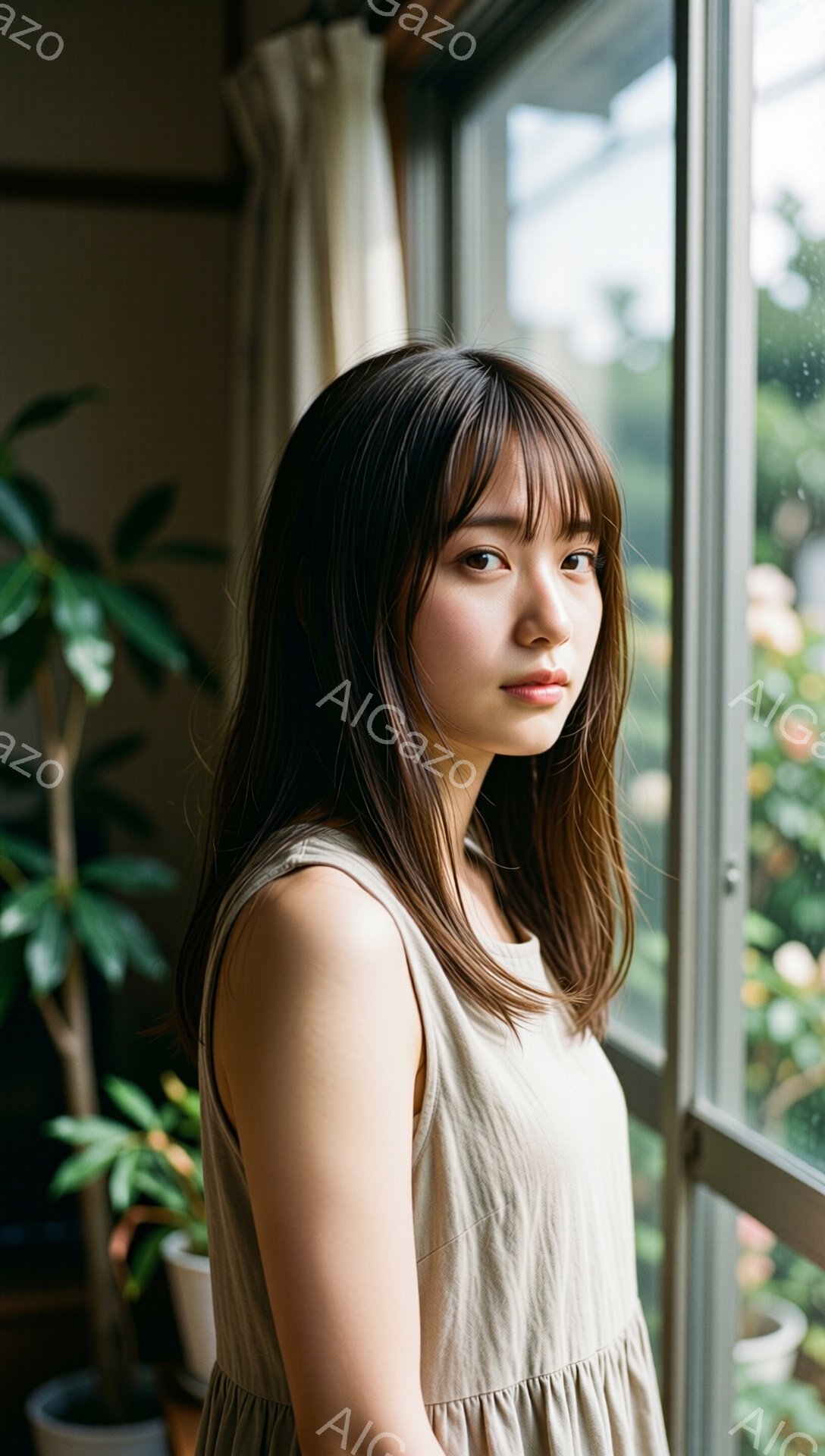 長いダークブラウンの髪は肩にかかる程度に伸び、前髪は眉毛にかかるようにカットされています。ベージュ色のノースリーブのワンピースを着ており、少し物憂げな表情で窓の外を見つめています。背景には緑の植物と窓 - AI生成フリー素材