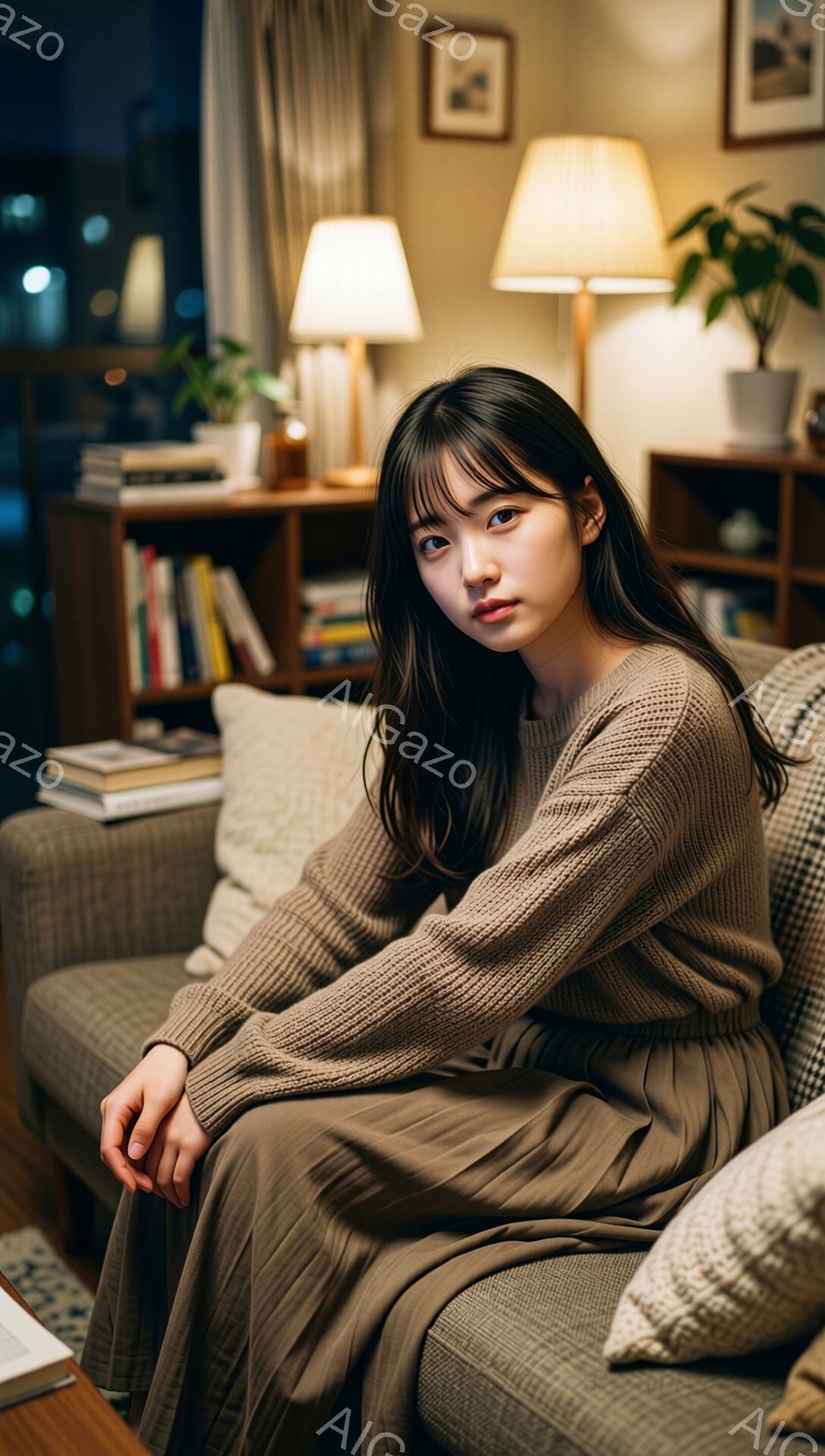 画像は、茶色のニットセーターとスカートを身に着けた若い女性が、居心地の良いリビングルームのソファに座っている様子を捉えています。彼女は長い黒髪で、少し憂いを帯びた表情を浮かべています。背後には本棚、ランプ、植物が見え、暖かく穏やかな雰囲気が漂っています。