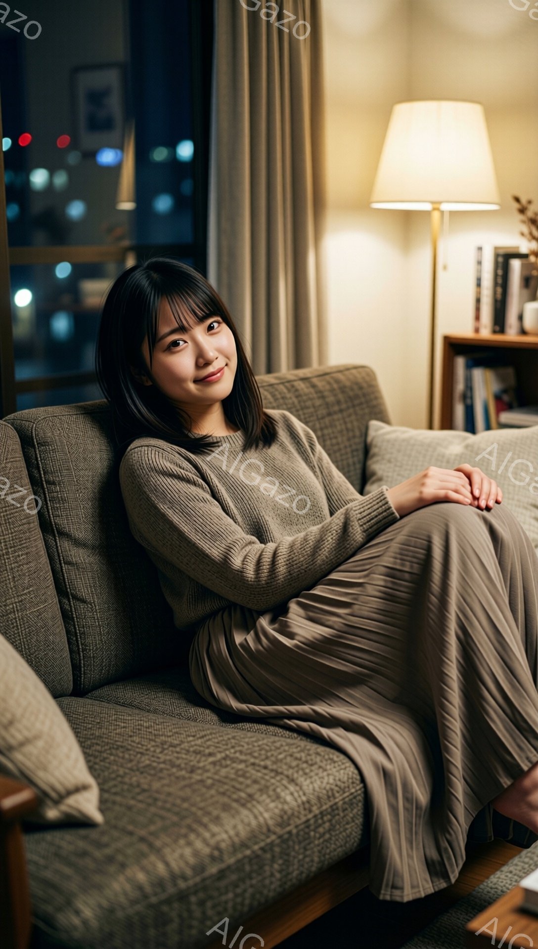 長い前髪と肩までの長さの髪を持つ女性が、落ち着いたベージュ色のソファにリラックスして座っています。彼女はクリーム色のセーターとプリーツスカートを着用し、穏やかな笑顔を浮かべています。背後には、暖色のフロアランプ、本棚、そして夜景が見える窓があり、居心地の良い、穏やかな雰囲気を醸し出しています。