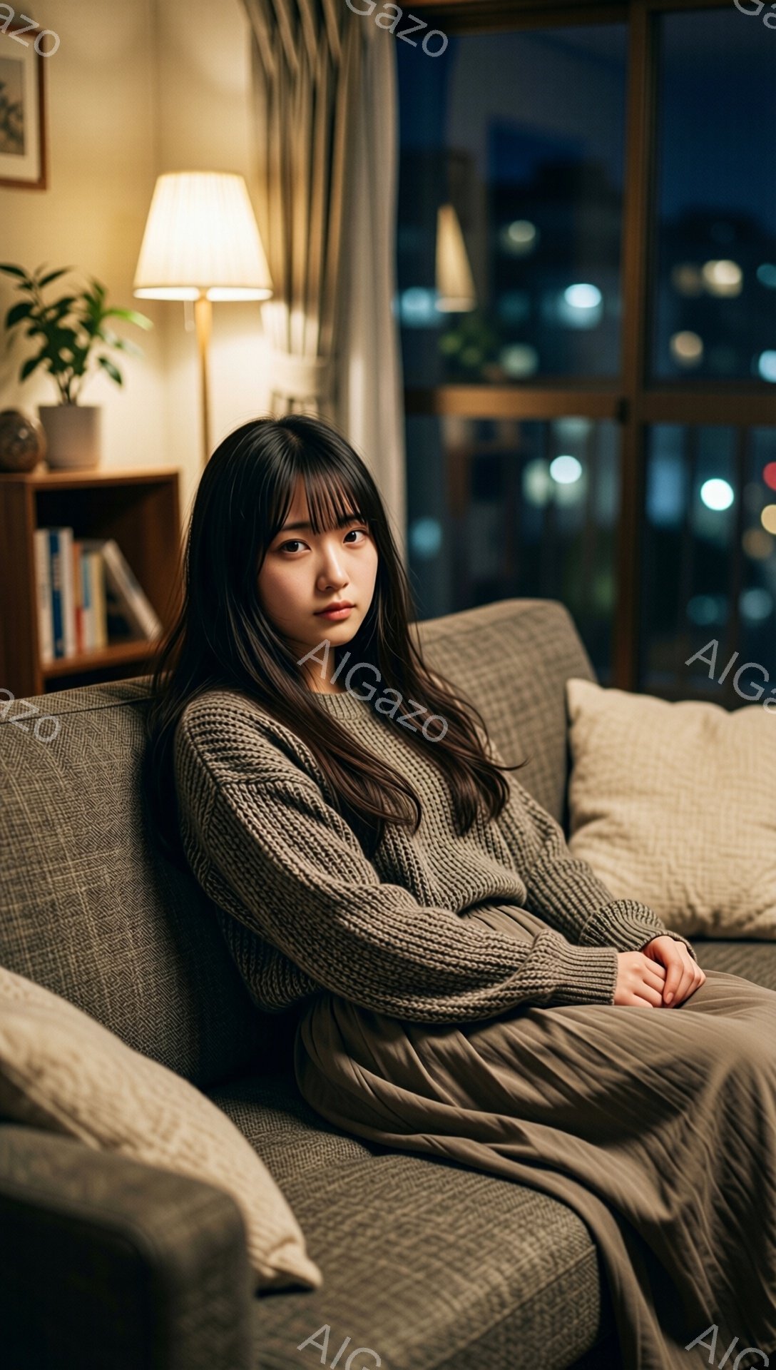 長い黒髪の女性が、グレーのセーターとスカート姿でソファに座っています。彼女は少し憂いを帯びた表情で、両手を膝の上に重ねています。背景には、間接照明と植物、そして夜景が見える窓があり、室内は落ち着いた雰囲気に包まれています。