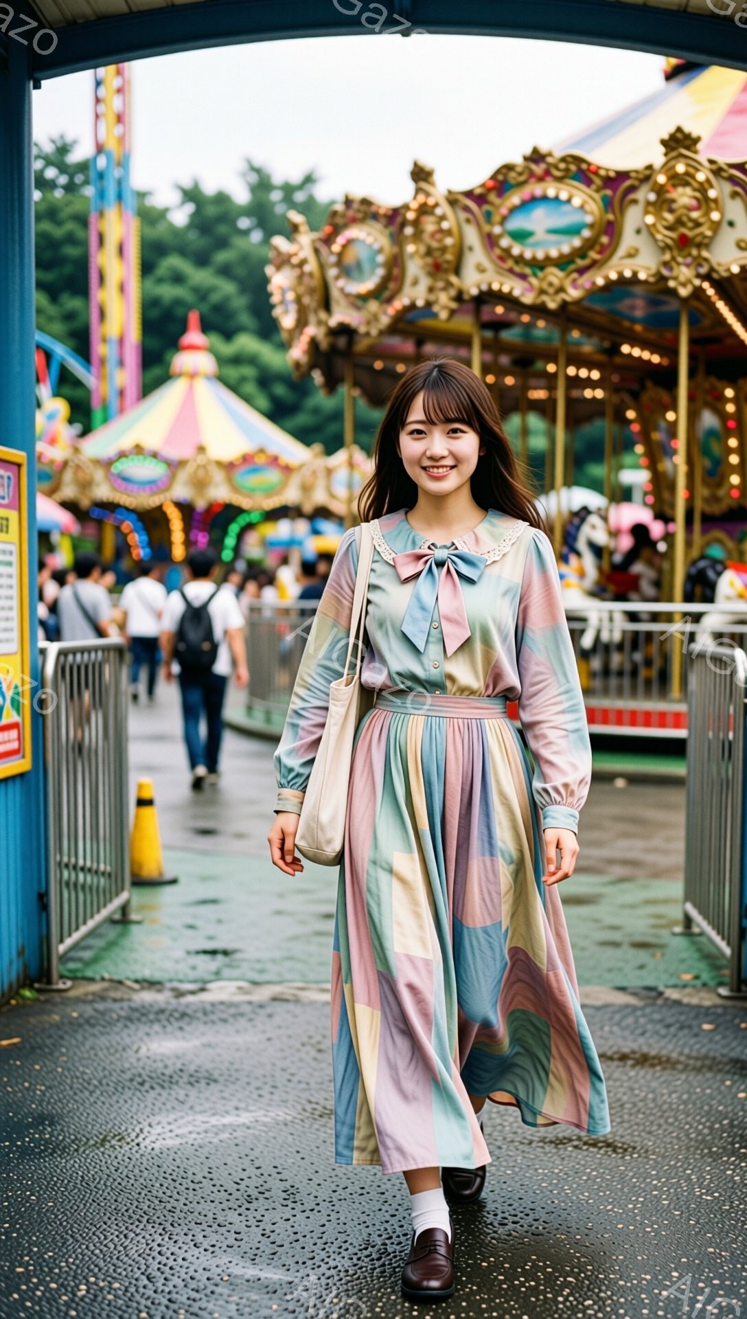 画像には、遊園地の入り口でポーズを取る若い女性が写っています。彼女はパステルカラーのパッチワーク柄のロングワンピースと、薄いピンク色のバッグを身につけ、茶色の革靴を履いています。背景には、カラフルなメリーゴーランドや他の遊園地の乗り物が見え、全体的に明るく楽しい雰囲気が漂っています。