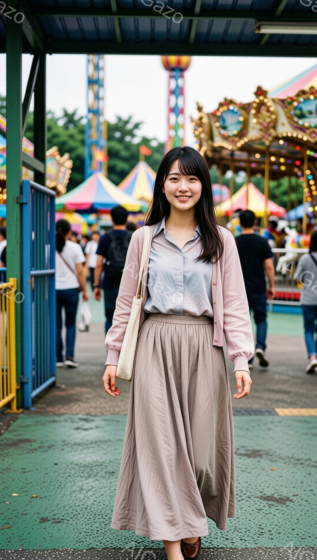 画像には、遊園地の入り口付近で微笑む若い女性が写っています。彼女は、薄いピンクのカーディガン、水色のシャツ、ベージュのロングスカートを身につけ、肩にベージュのバッグをかけています。背景には、観覧車やその他の遊園地の乗り物がぼやけ、賑やかな雰囲気が感じられます。