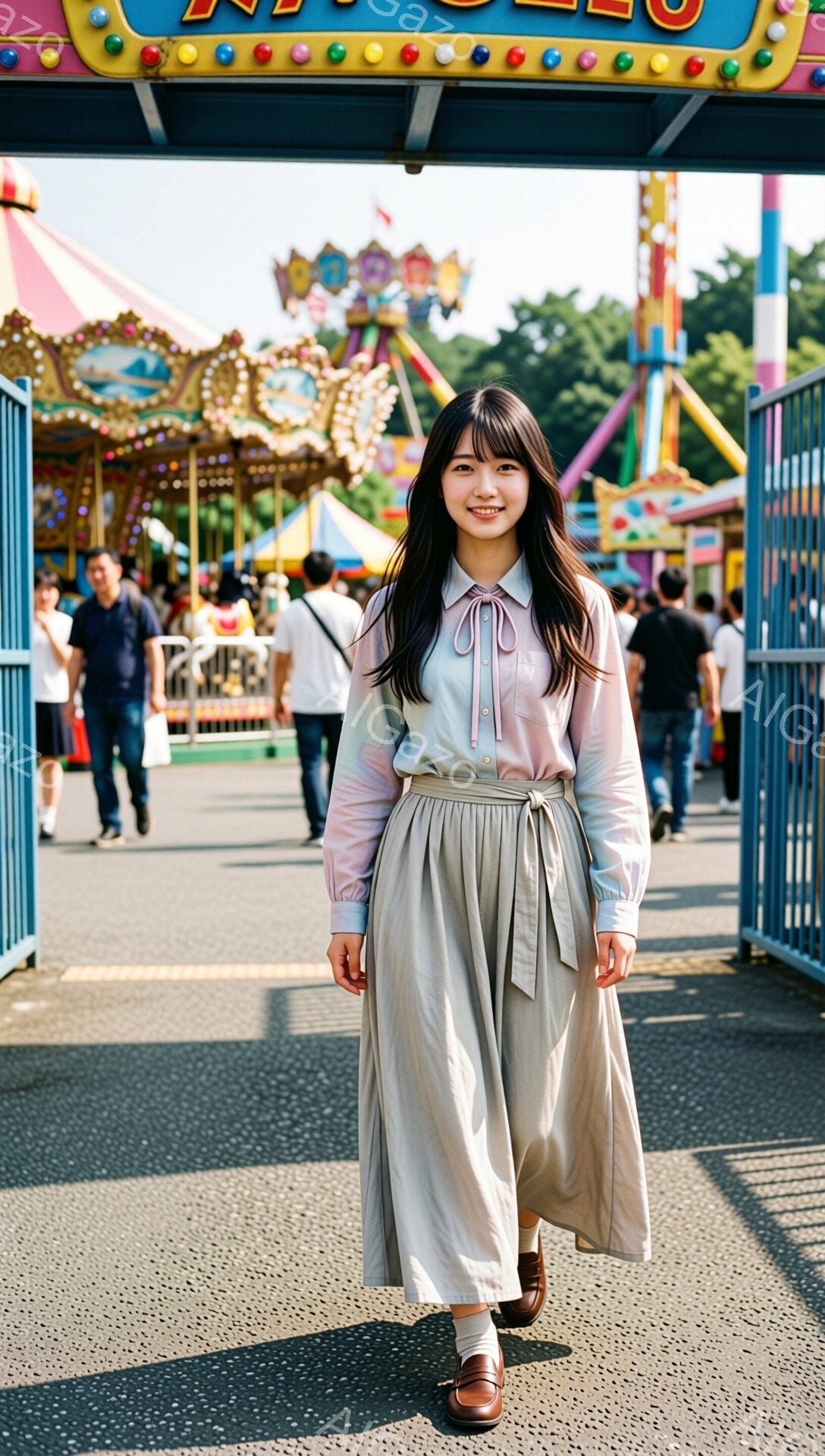画像には、遊園地の入り口で立つ若い女性が写っています。彼女は、淡いピンク色の長袖ブラウスにベージュのロングスカート、そして茶色のローファーを履いており、髪は肩にかかる長さで前髪が流れています。彼女は微笑んでおり、遊園地のカラフルな乗り物が背景にぼんやりと見えます。