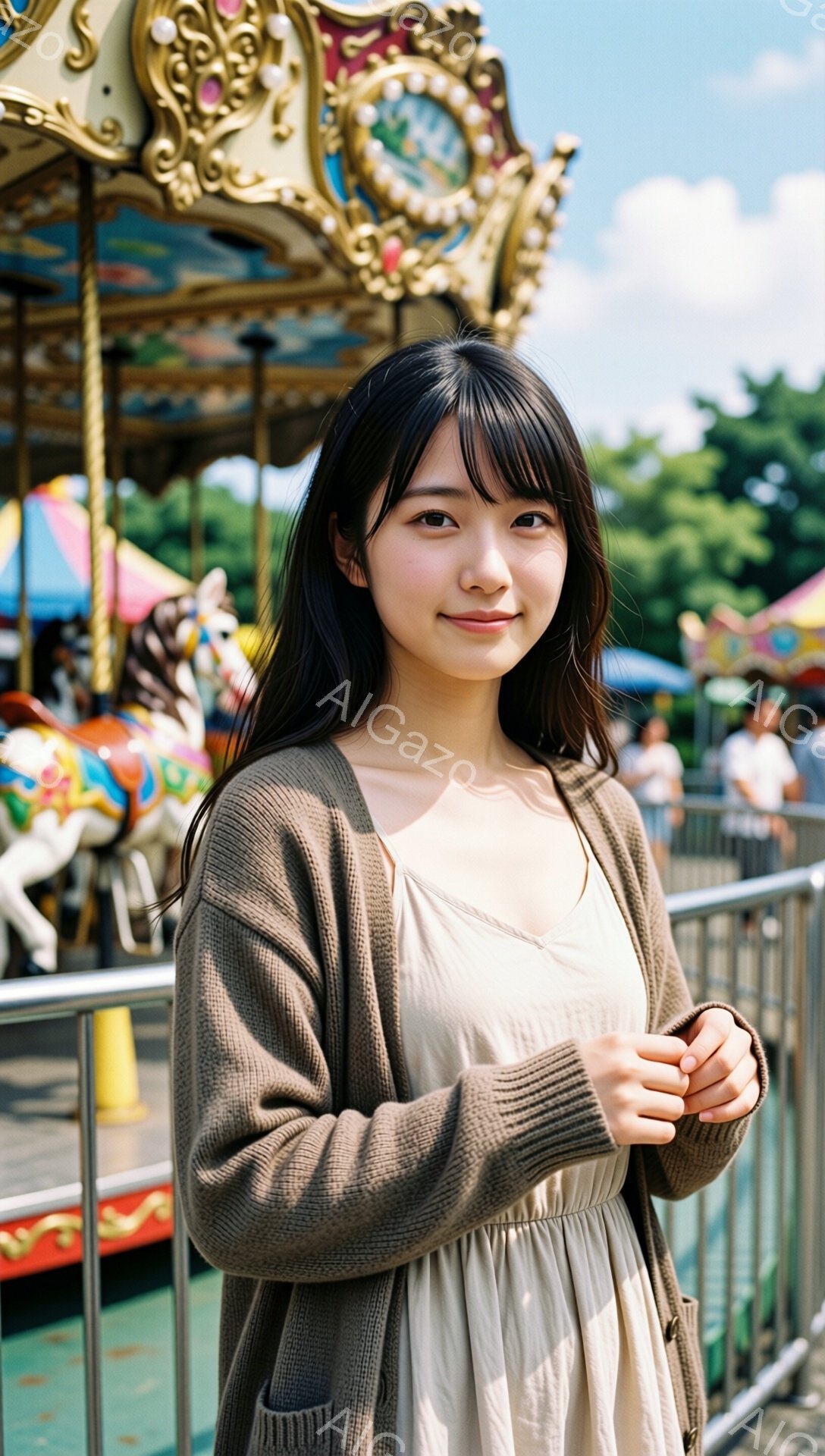 長い黒髪で前髪のある若い女性が、ベージュのカーディガンと淡いベージュ色のワンピースを着ています。彼女はわずかに微笑み、リラックスした様子で両手を前に組んでいます。背景には、カラフルなメリーゴーランドと青空が広がり、遊園地の賑やかな雰囲気が感じられます。