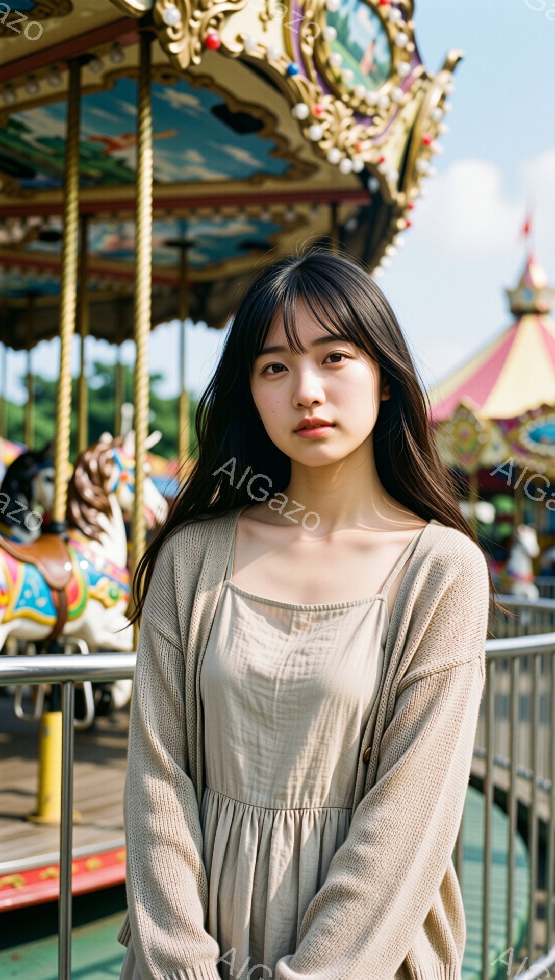 長い黒髪で、前髪は眉毛にかかるように切り揃えられています。ベージュ色のカーディガンと、同じくベージュ色のゆったりとしたワンピースを着ています。背景には、色鮮やかなメリーゴーランドの装飾が見え、穏やかで少し物憂げな表情で正面を見つめています。