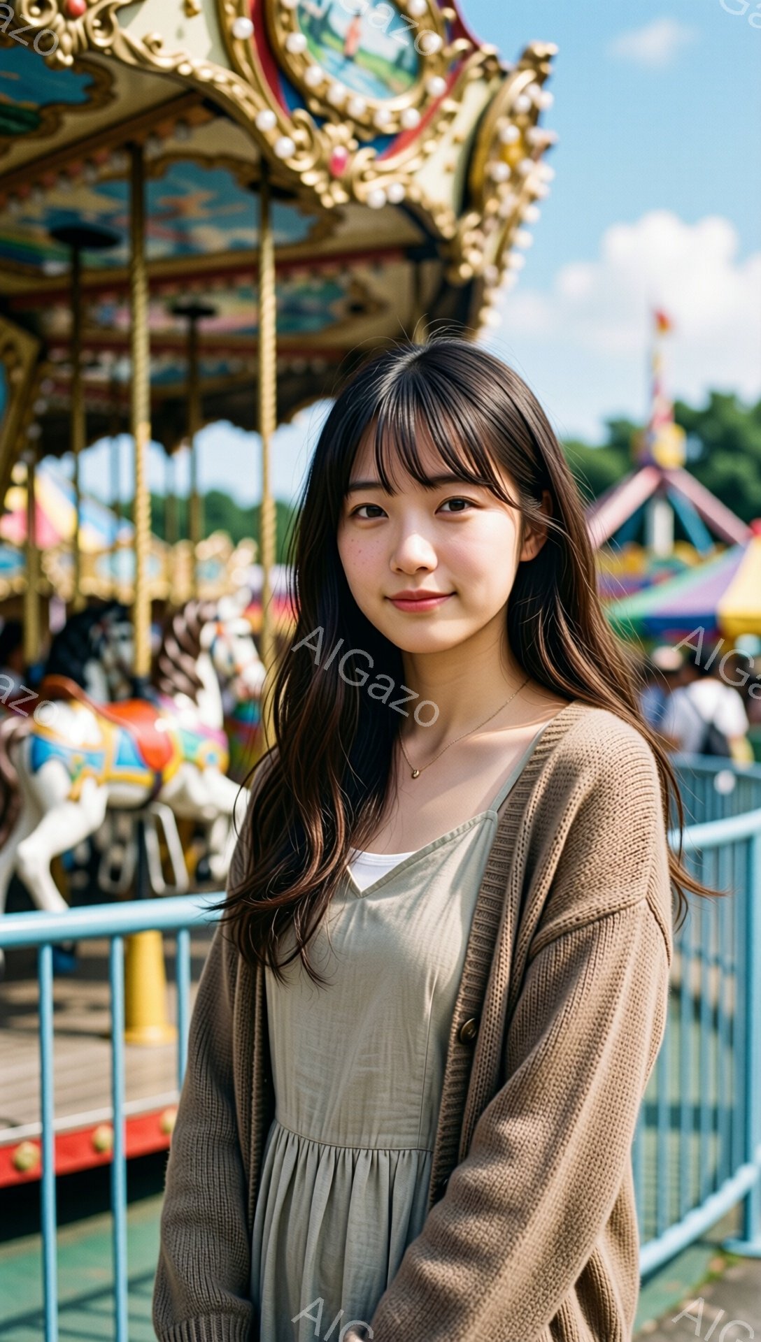 長い黒髪で、前髪は眉毛にかかる程度にカットされた女性が写っている。ベージュ色のカーディガンとワンピース姿で、優しい微笑みを浮かべている。背景には、遊園地のメリーゴーラウンドや観覧車が見え、晴天の下、明るく賑やかな雰囲気が漂っている。