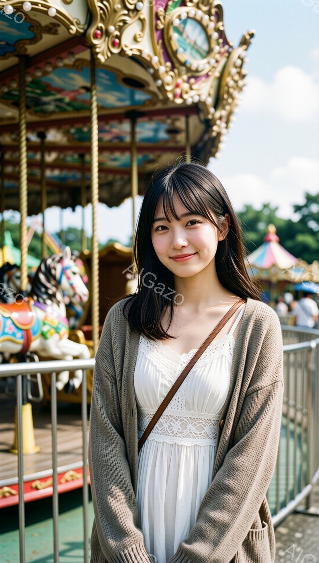 長い黒髪で、前髪がぱっつんの女性が、白いレースのワンピースにベージュのカーディガンを羽織って微笑んでいます。肩にかけたバッグがアクセントになっています。背景には、カラフルなメリーゴーランドの一部と、青空と緑の木々が見え、遊園地の明るく楽しい雰囲気が伝わってきます。