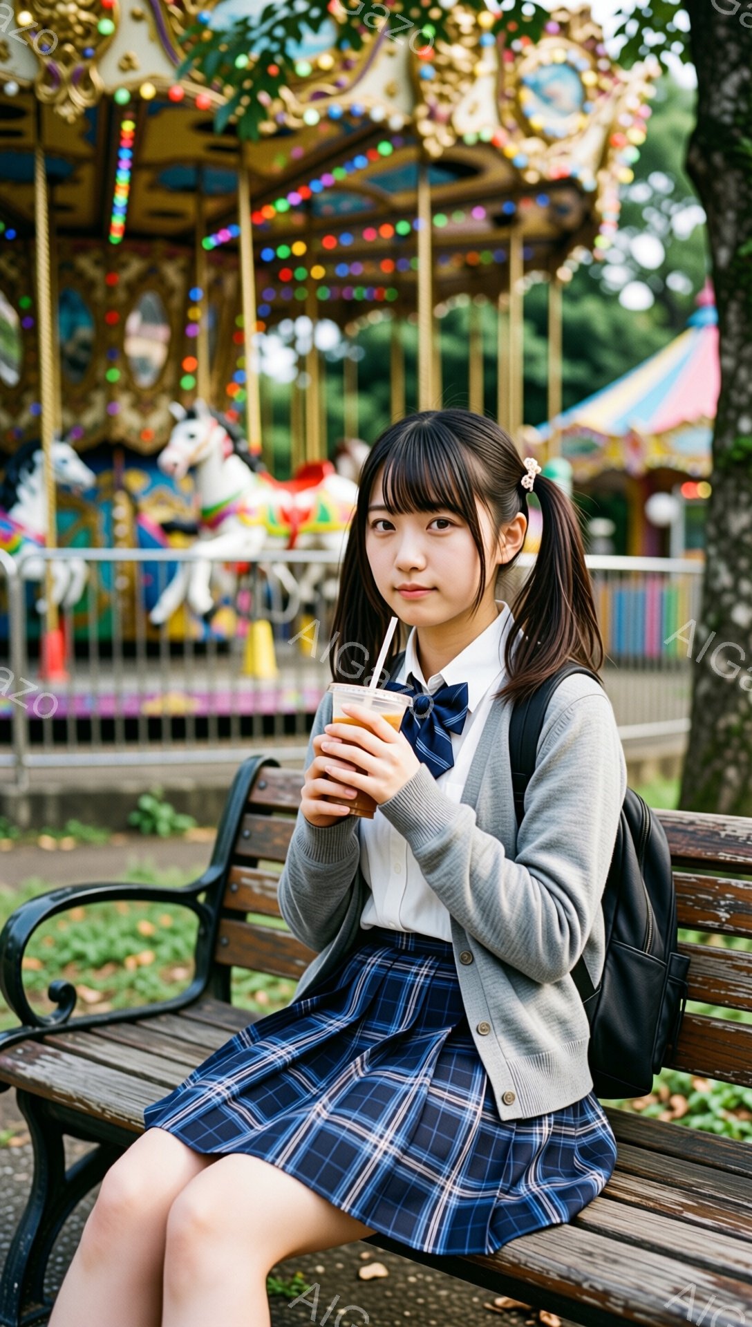 制服姿の女子高生が公園のベンチに座り、飲み物を手にしている。彼女はグレーのカーディガン、チェックのスカート、白いシャツ、ネクタイを着用し、髪はツインテールに結ばれている。背景には遊園地のメリーゴーランドが見え、緑豊かな自然と明るい日差しが穏やかな雰囲気を醸し出している。
