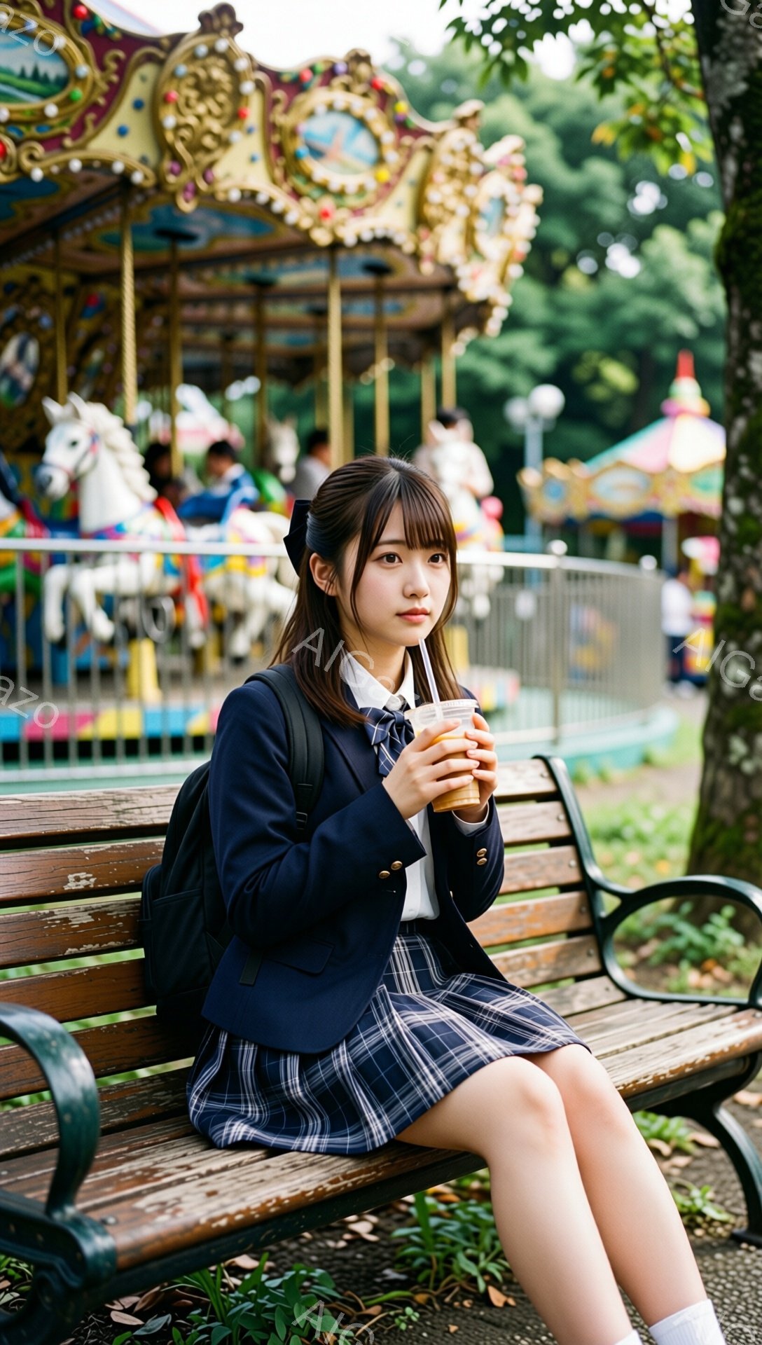 制服を着た若い女性が公園のベンチに座って飲み物を楽しんでいます。彼女は紺色のブレザー、チェックのスカート、白いシャツ、白いソックスを履いており、髪はきれいに整えられ、正面にはリボンがついています。背景には遊園地のメリーゴーランドが見え、緑豊かな木々が生い茂り、穏やかで少しノスタルジックな雰囲気です。