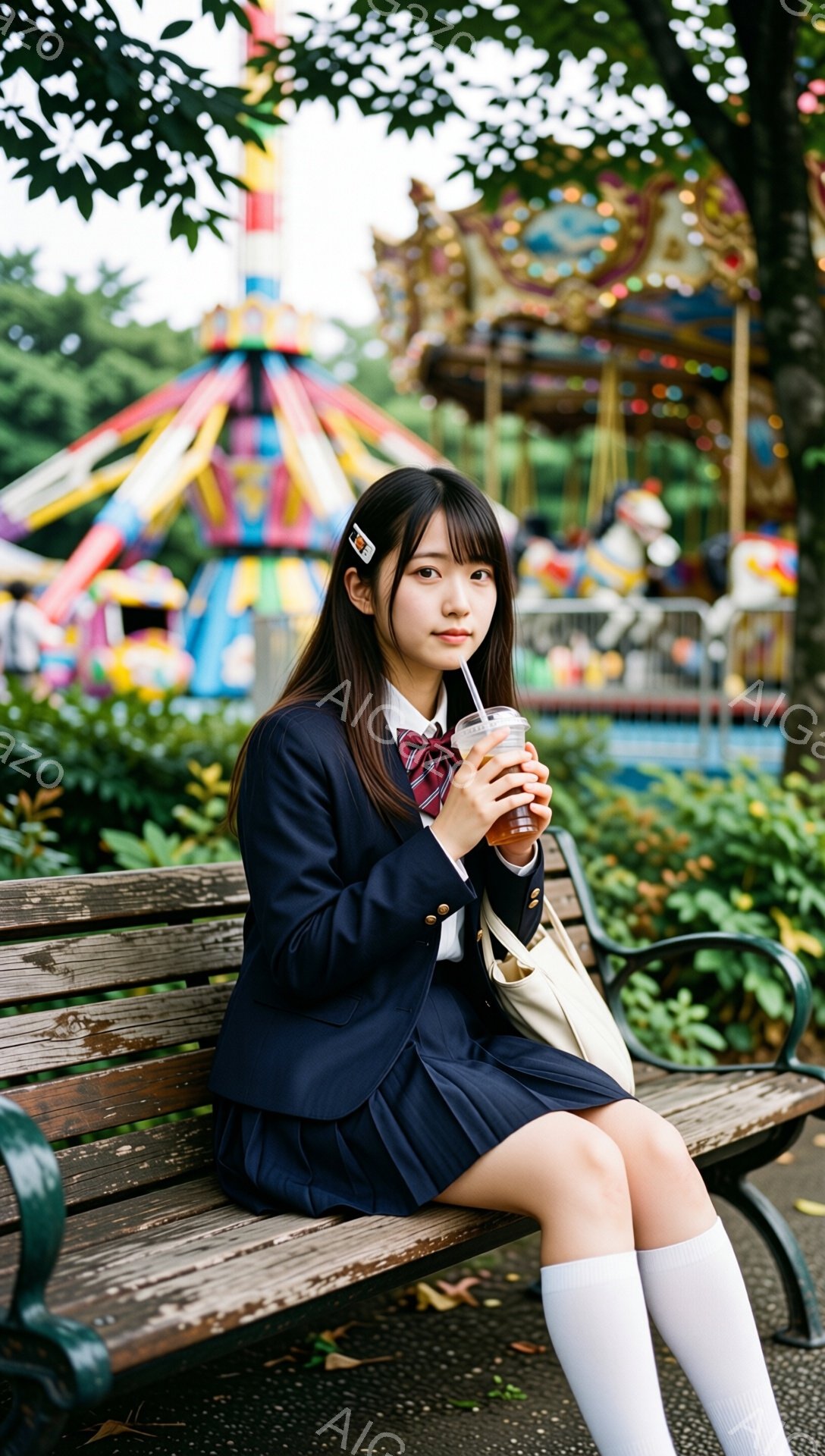 画像には、紺色のブレザーとプリーツスカートの制服を着た女子学生が公園のベンチに座っている様子が描かれています。彼女は長い茶髪を肩で分けており、少し微笑んだ表情で、手にストロー付きの飲み物を持っています。背景には遊園地のメリーゴーランドがぼやけ、緑豊かな木々が彼女を囲み、晴れた日の穏やかな雰囲気を醸し出しています。
