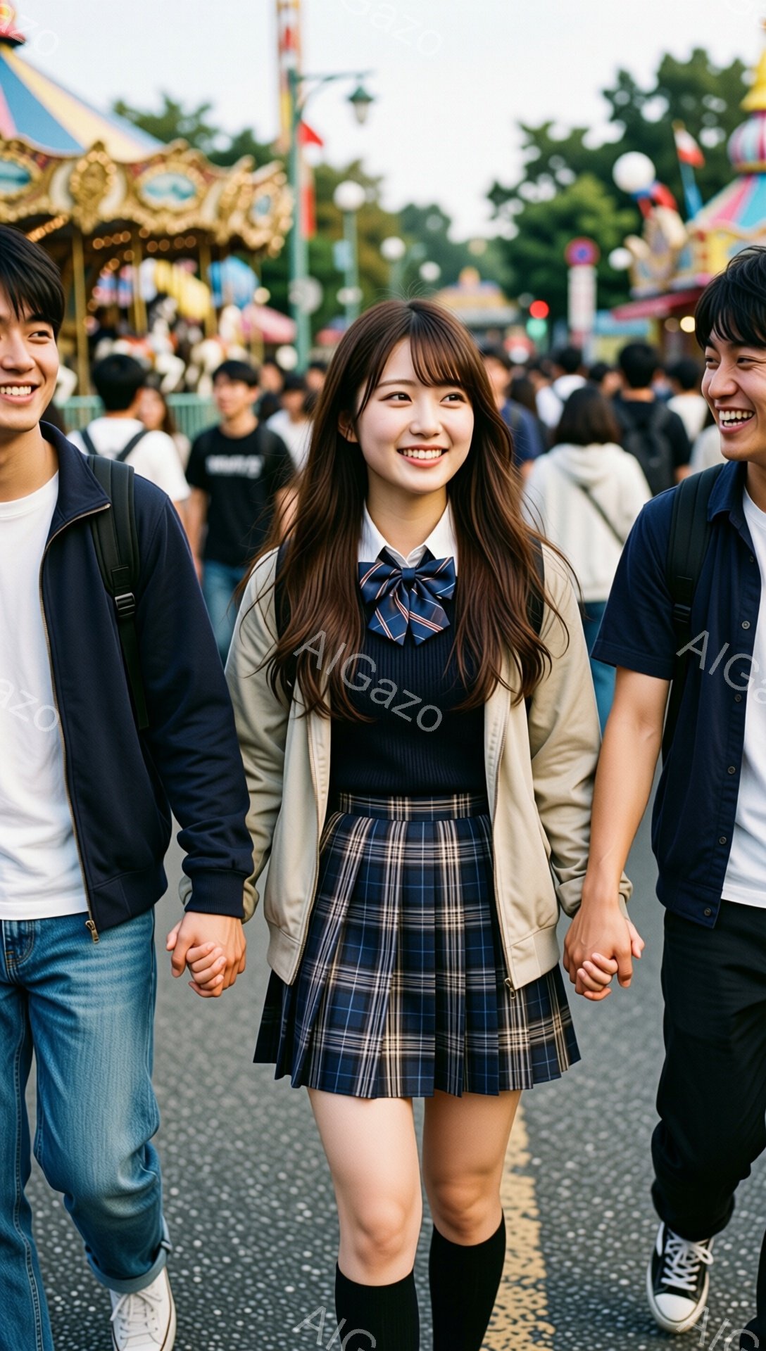 画像には、遊園地の賑やかな背景を背景に、若いカップルが手をつないで歩いている様子が写っています。女性はチェック柄のスカートとセーラー風のブラウスにクリーム色のカーディガンを合わせ、長い茶髪をなびかせて笑顔を見せています。男性はカジュアルなジーンズとTシャツ、そして紺色のジャケットを着ており、二人とも楽しそうで幸せな雰囲気を醸し出しています。