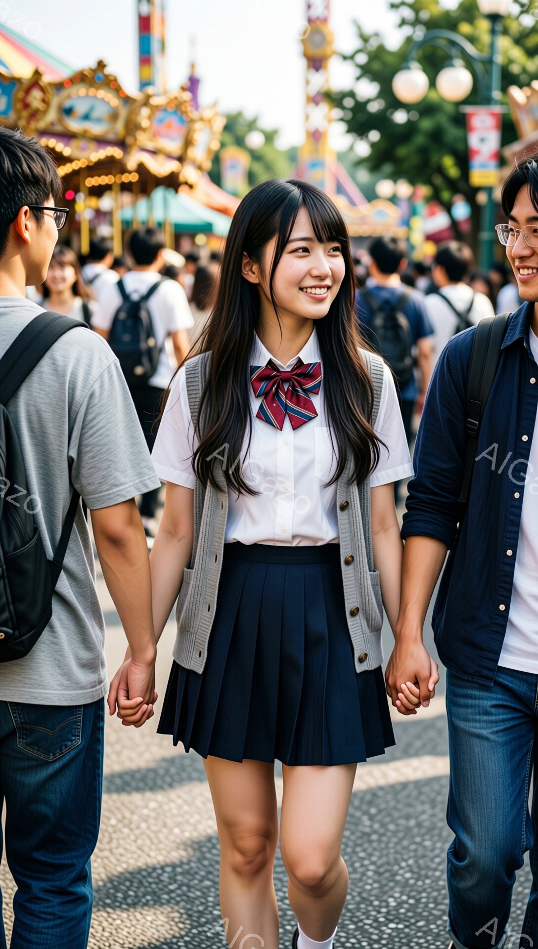 画像は、制服を着た若い女性を中心に、左右に男性が立っている様子を捉えています。女性は白いシャツにグレーのカーディガン、紺色のプリーツスカートを着用し、茶色のリボンで髪を結んでいます。背景には遊園地の乗り物や多くの人々が見え、晴れた日の賑やかな雰囲気が伝わってきます。