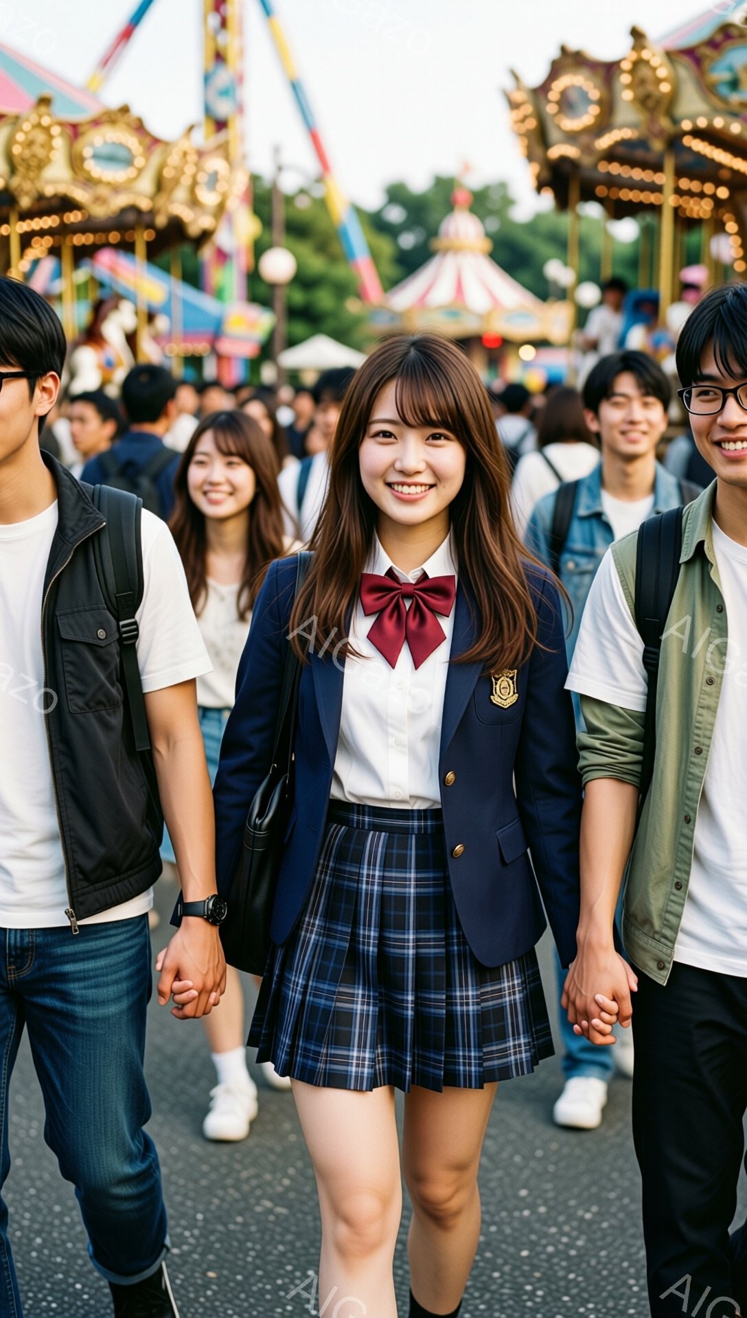 画像には、制服を着た若い女性が中央に立っています。彼女は紺色のブレザー、チェック柄のスカート、赤いリボンをつけており、笑顔でカメラを見ています。背景には遊園地の乗り物や多くの人々が見え、賑やかな祭りの雰囲気が感じられます。