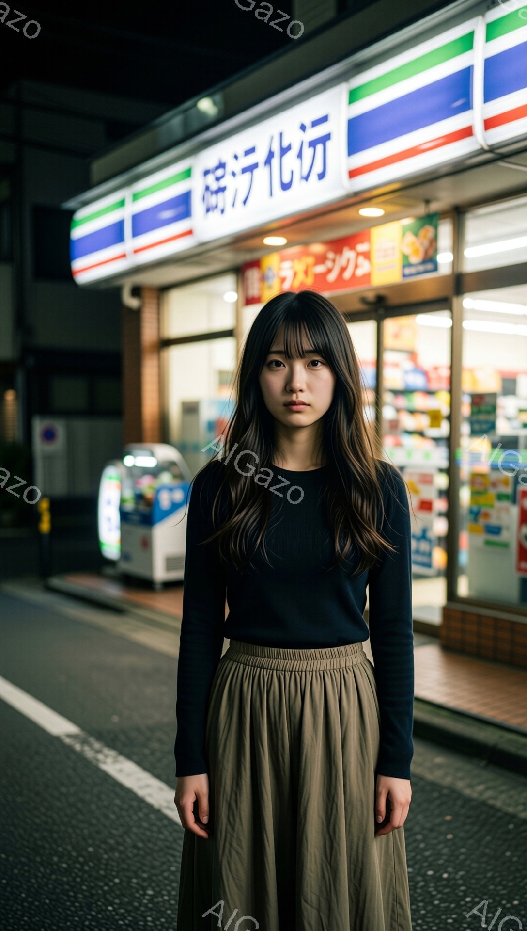 長い前髪が特徴の女性が、黒い長袖シャツとベージュのフレアスカートを身に着けて立っている。彼女はやや無表情で、カメラの方を見ている。背景には、夜の日本の商店街で、光る看板と自動販売機が見え、少し寂しげで静かな雰囲気が漂っている。