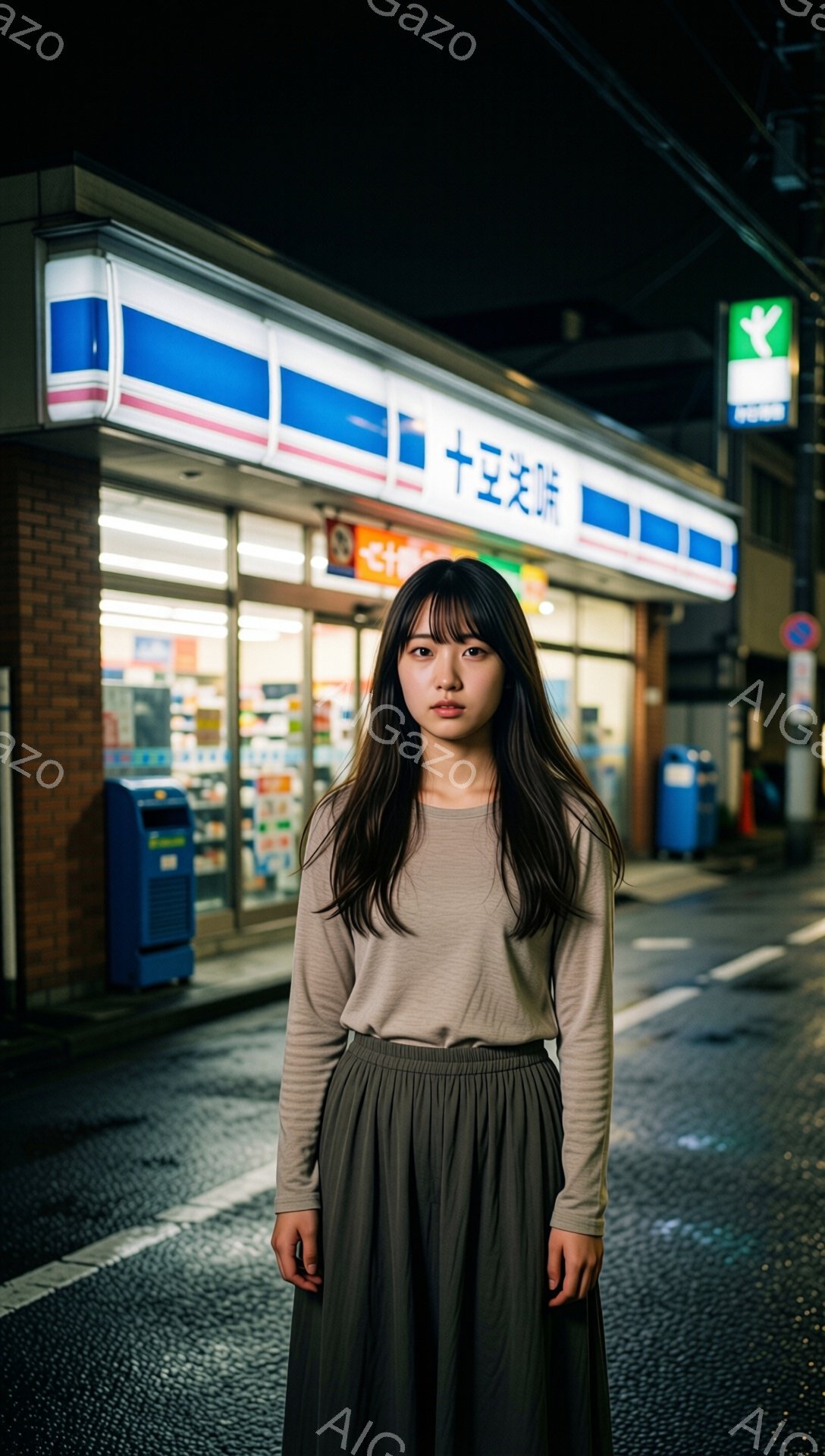 長い黒髪をセンターパートにした若い女性が、ベージュの長袖シャツとモスグリーンのロングスカートを身につけて立っている。彼女はわずかに下を見つめ、表情はやや憂いを帯びている。背景には夜の街並みが見え、コンビニエンスストアの看板が光っている。