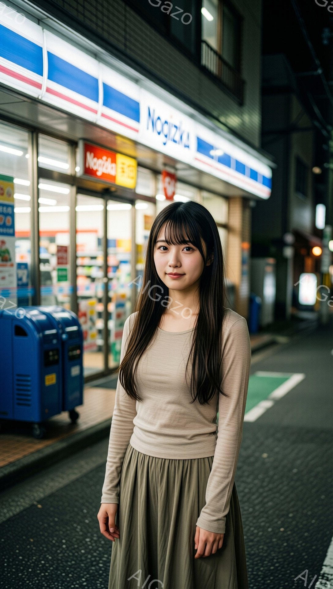 長い黒髪をなびかせた若い女性が、ベージュ色の長袖シャツとオリーブグリーンのロングスカートを身につけて立っている。彼女はわずかに微笑み、カメラを見つめている。背景には、夜の街並みと「ノジマ」と書かれた電気店が見え、全体的に落ち着いた雰囲気が漂っている。