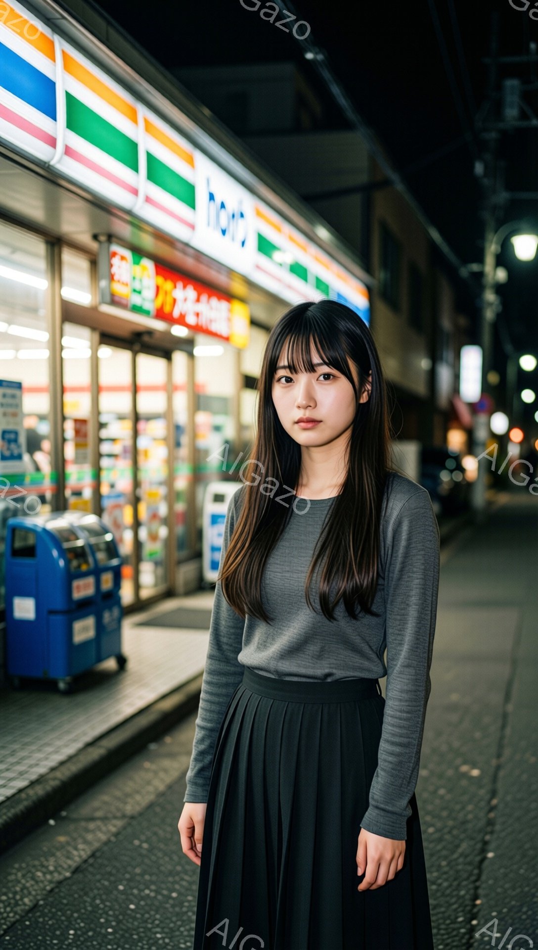 長い黒髪を肩まで垂らした若い女性が、グレーの長袖シャツと黒のプリーツスカートを身につけて立っている。彼女は正面を見据え、少し憂いを帯びた表情をしている。背景にはコンビニエンスストアの明るい光が照らし出され、夜の街並みがぼんやりと見える。